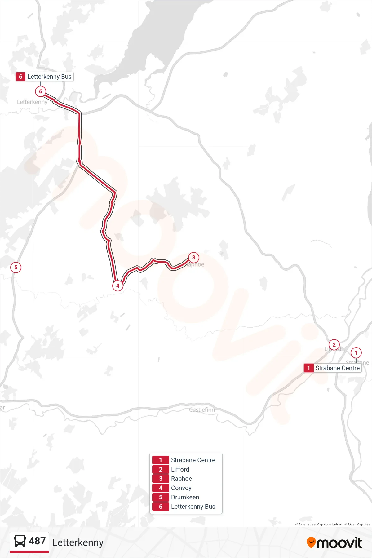 487 bus Line (Letterkenny) route and stops on a map