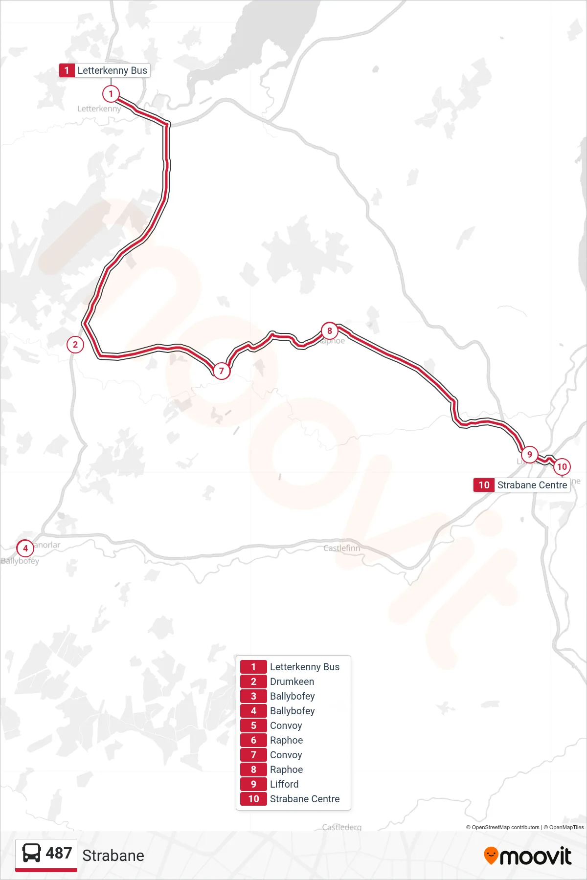 487 bus Line (Strabane) route and stops on a map