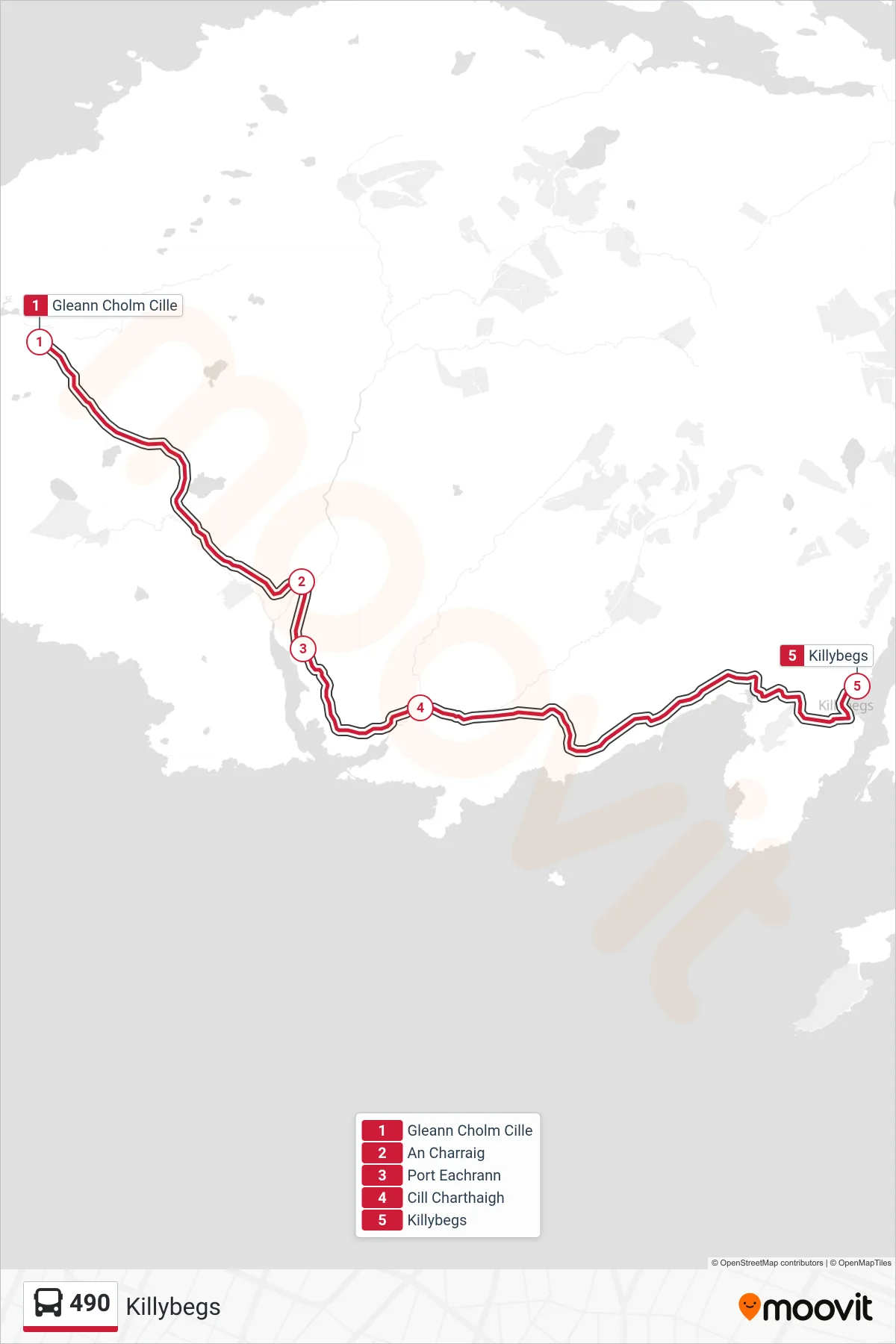 490 bus Line (Killybegs) route and stops on a map