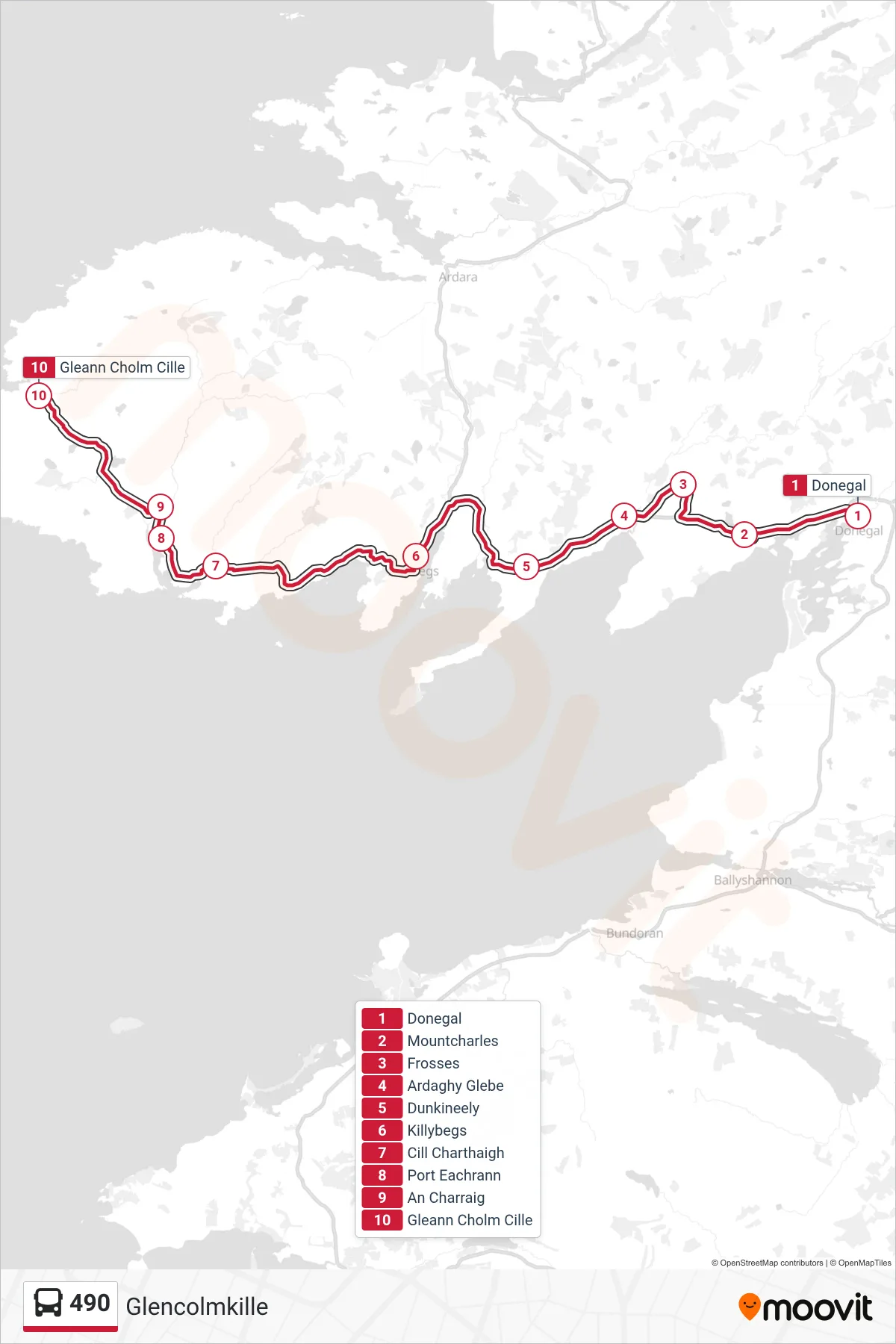 490 bus Line (Glencolmkille) route and stops on a map