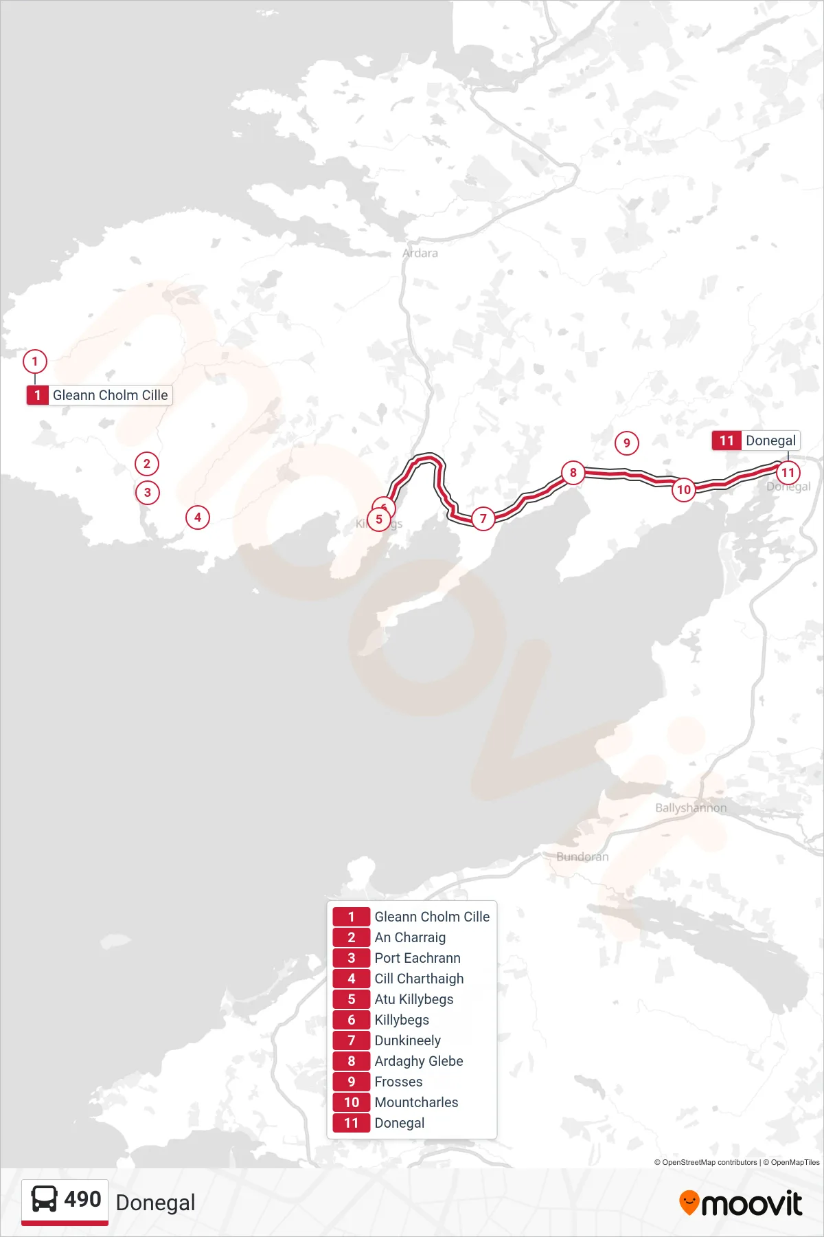 490 bus Line (Donegal) route and stops on a map