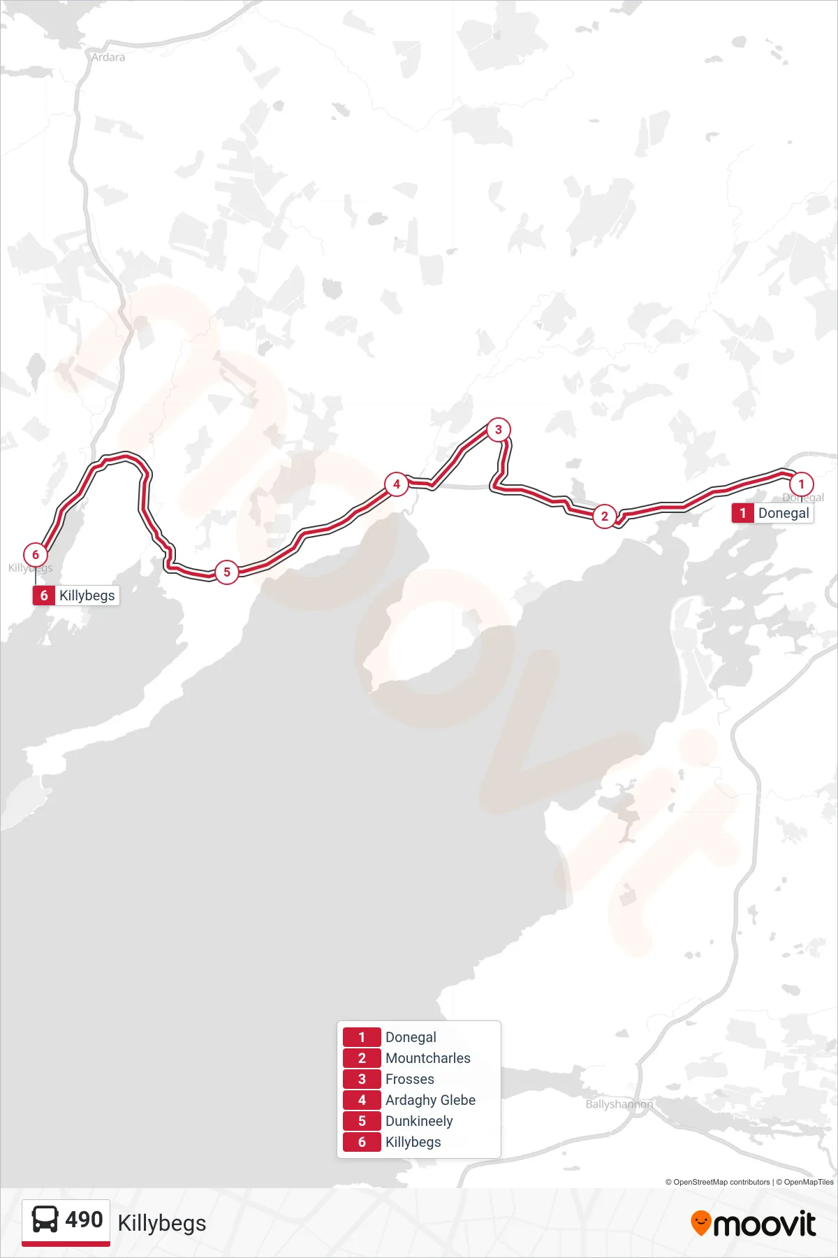 490 bus Line (Killybegs) route and stops on a map