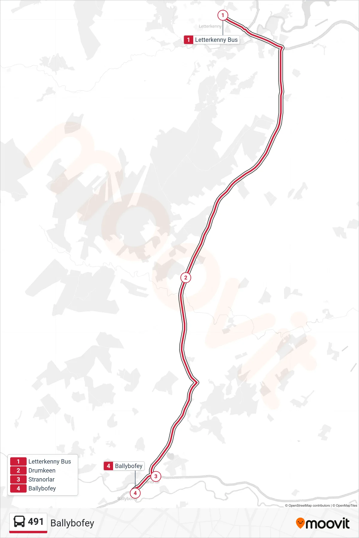 491 bus Line (Ballybofey) route and stops on a map