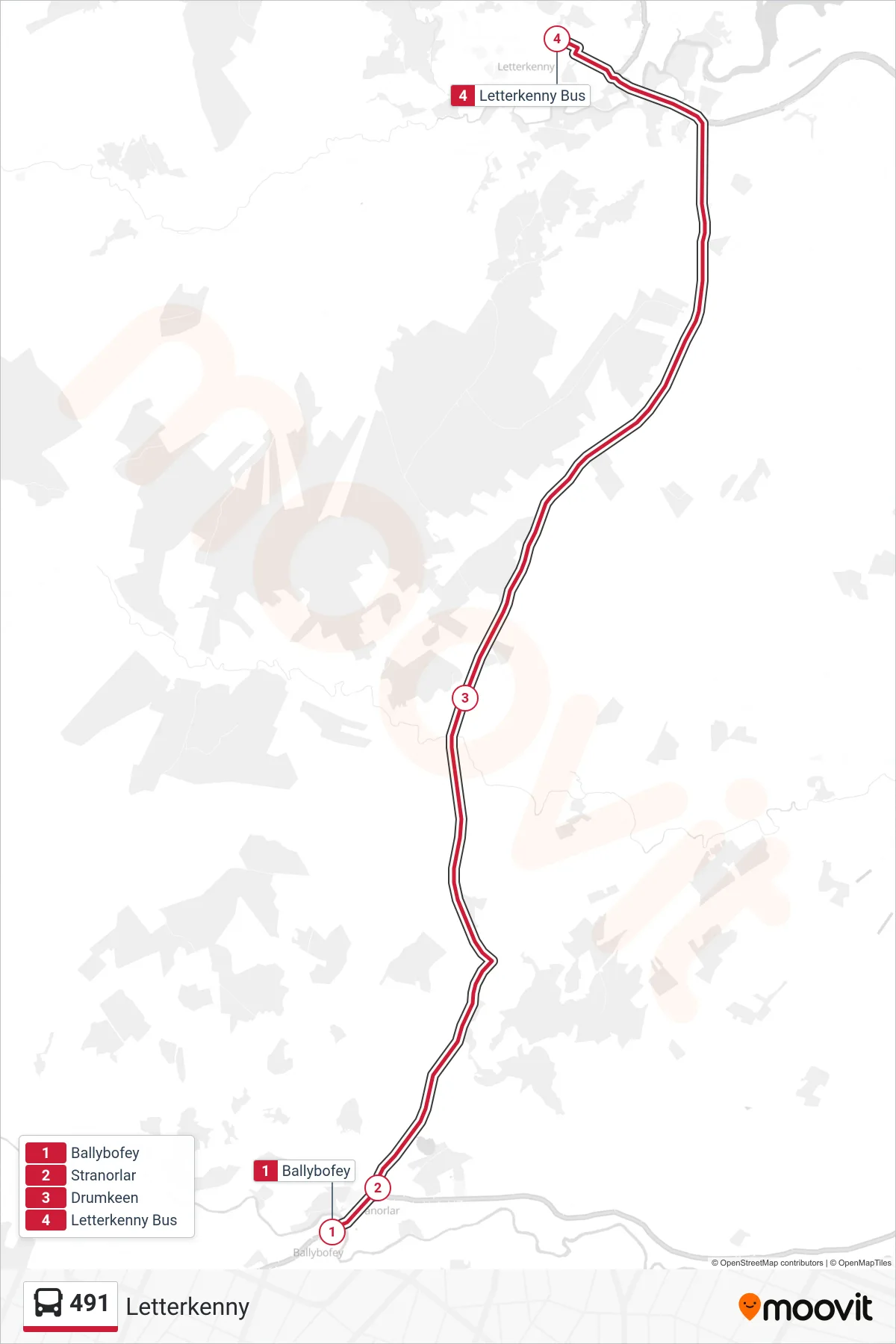 491 bus Line (Letterkenny) route and stops on a map