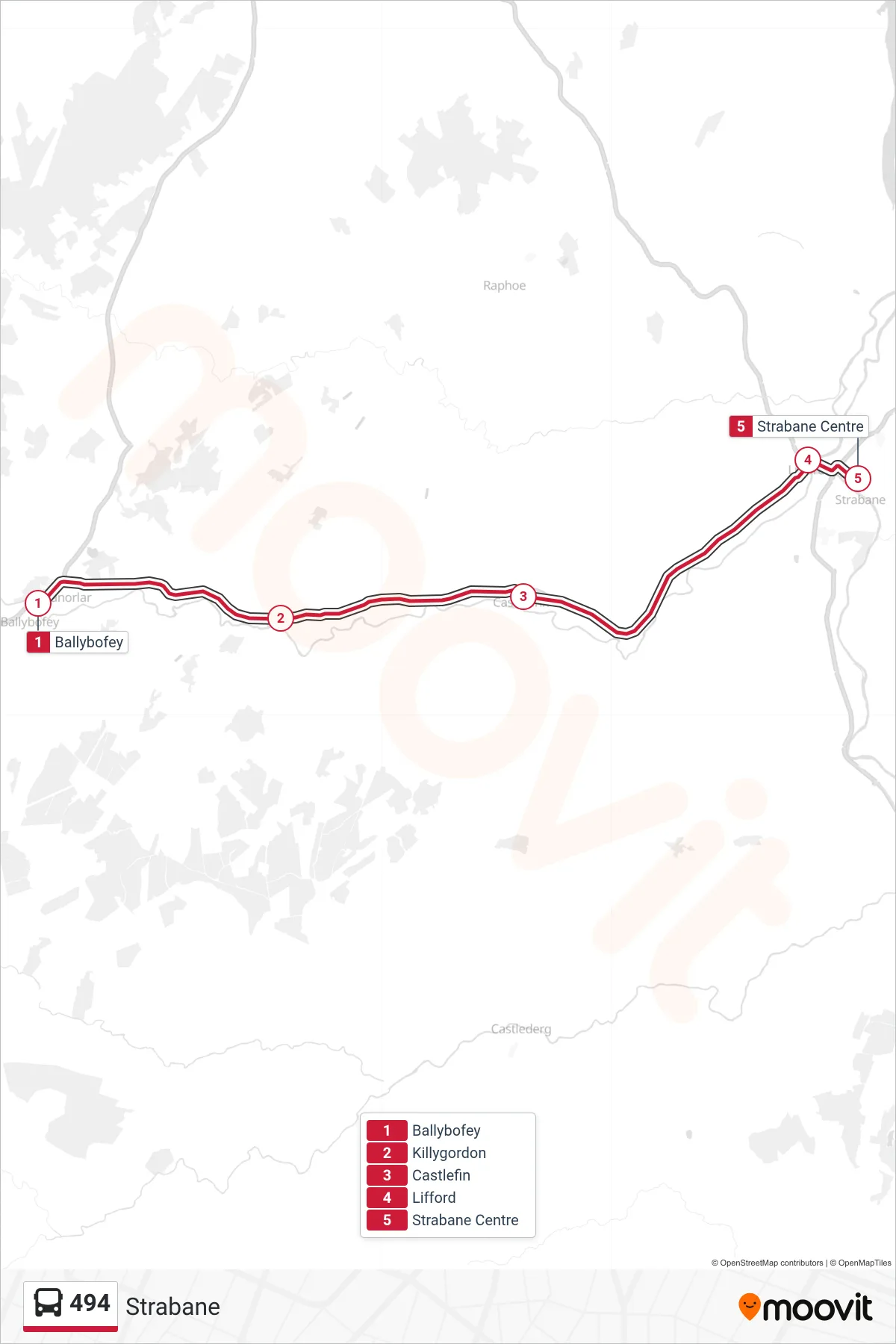 494 bus Line (Strabane) route and stops on a map