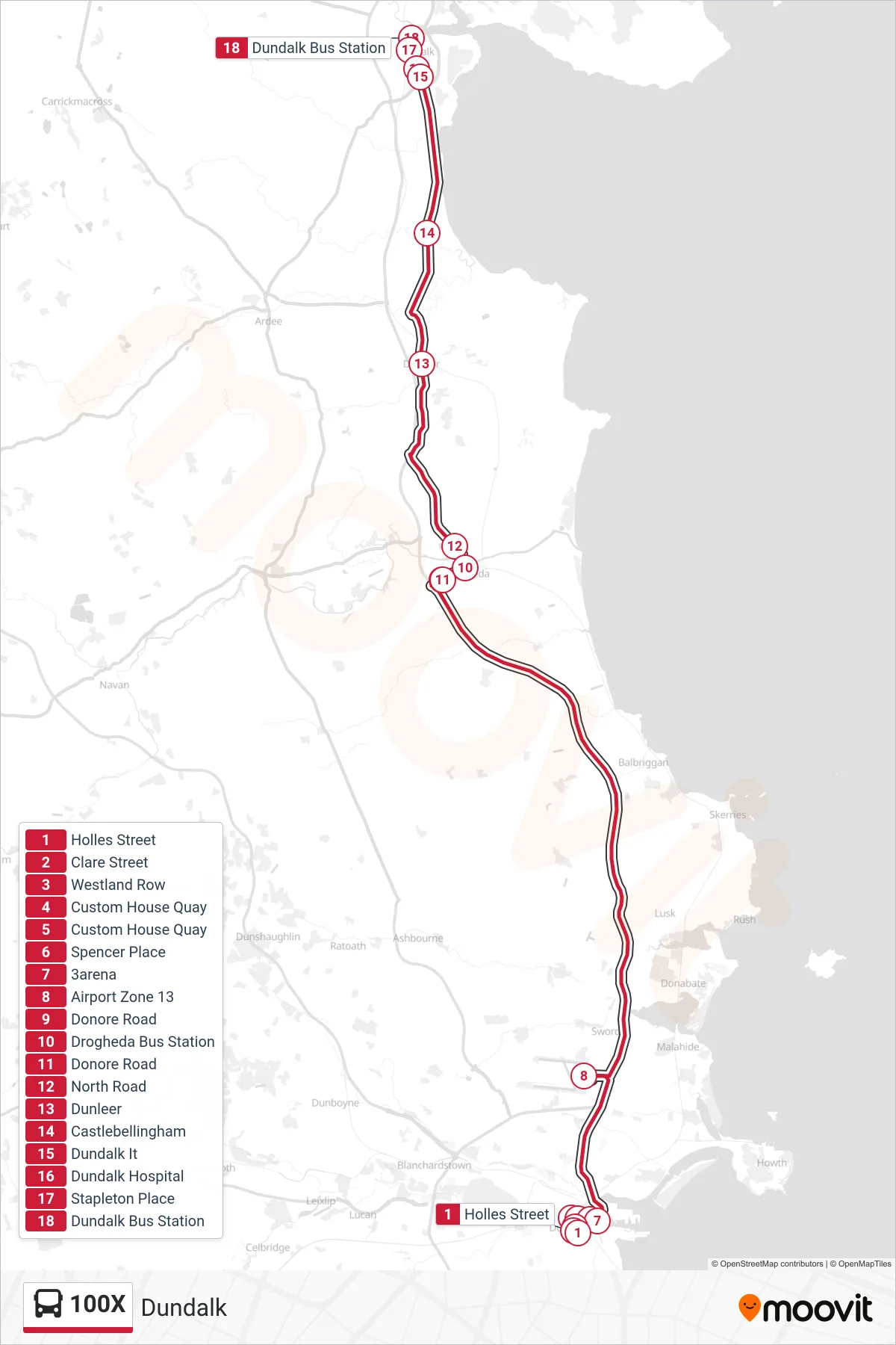 100X bus Line (Dundalk) route and stops on a map