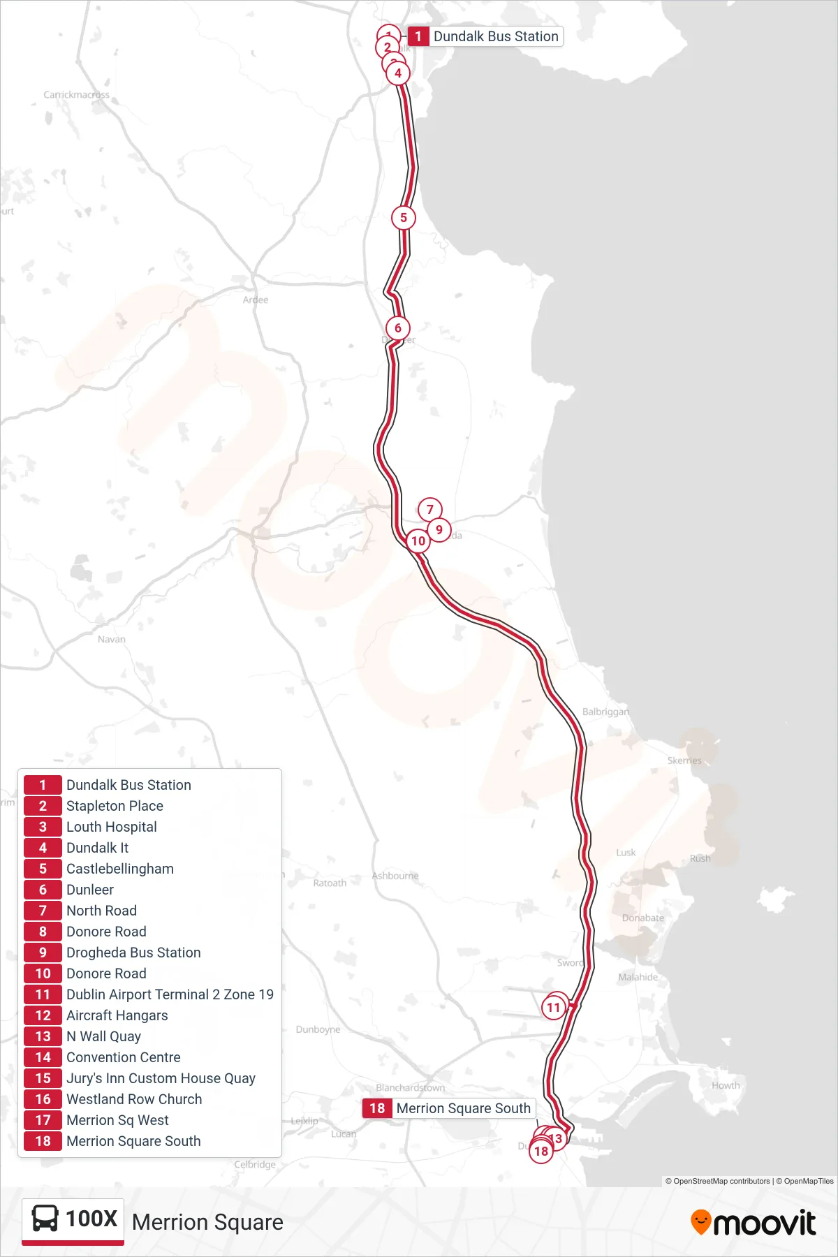 100X bus Line (Merrion Square) route and stops on a map