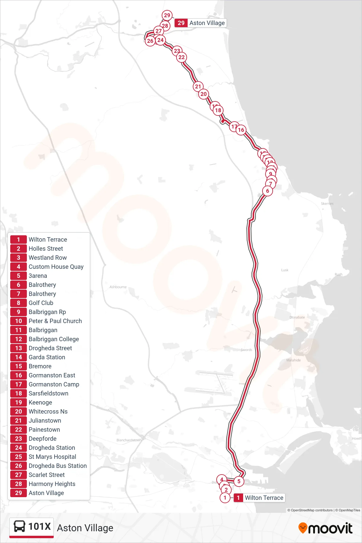 101X bus Line (Aston Village) route and stops on a map