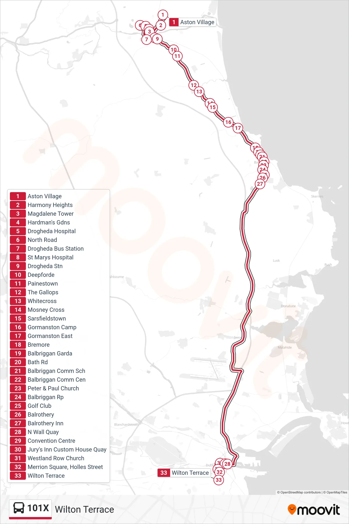 101X bus Line (Wilton Terrace) route and stops on a map