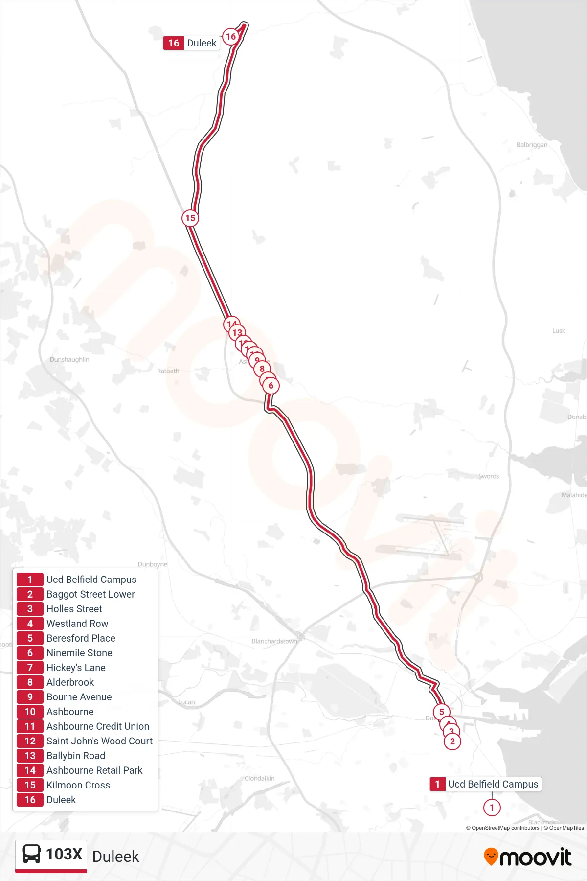 103X bus Line (Duleek) route and stops on a map