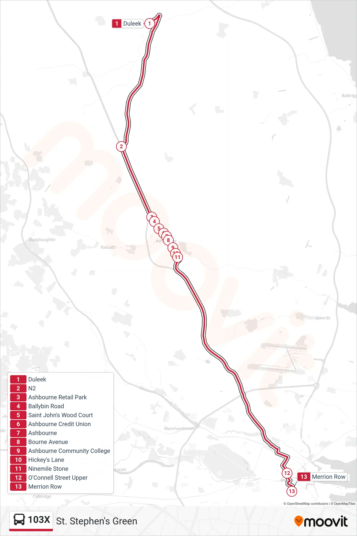 103X bus Line (St. Stephen's Green) route and stops on a map