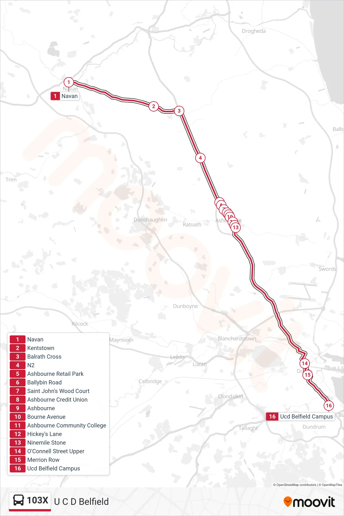 103X bus Line (U C D Belfield) route and stops on a map