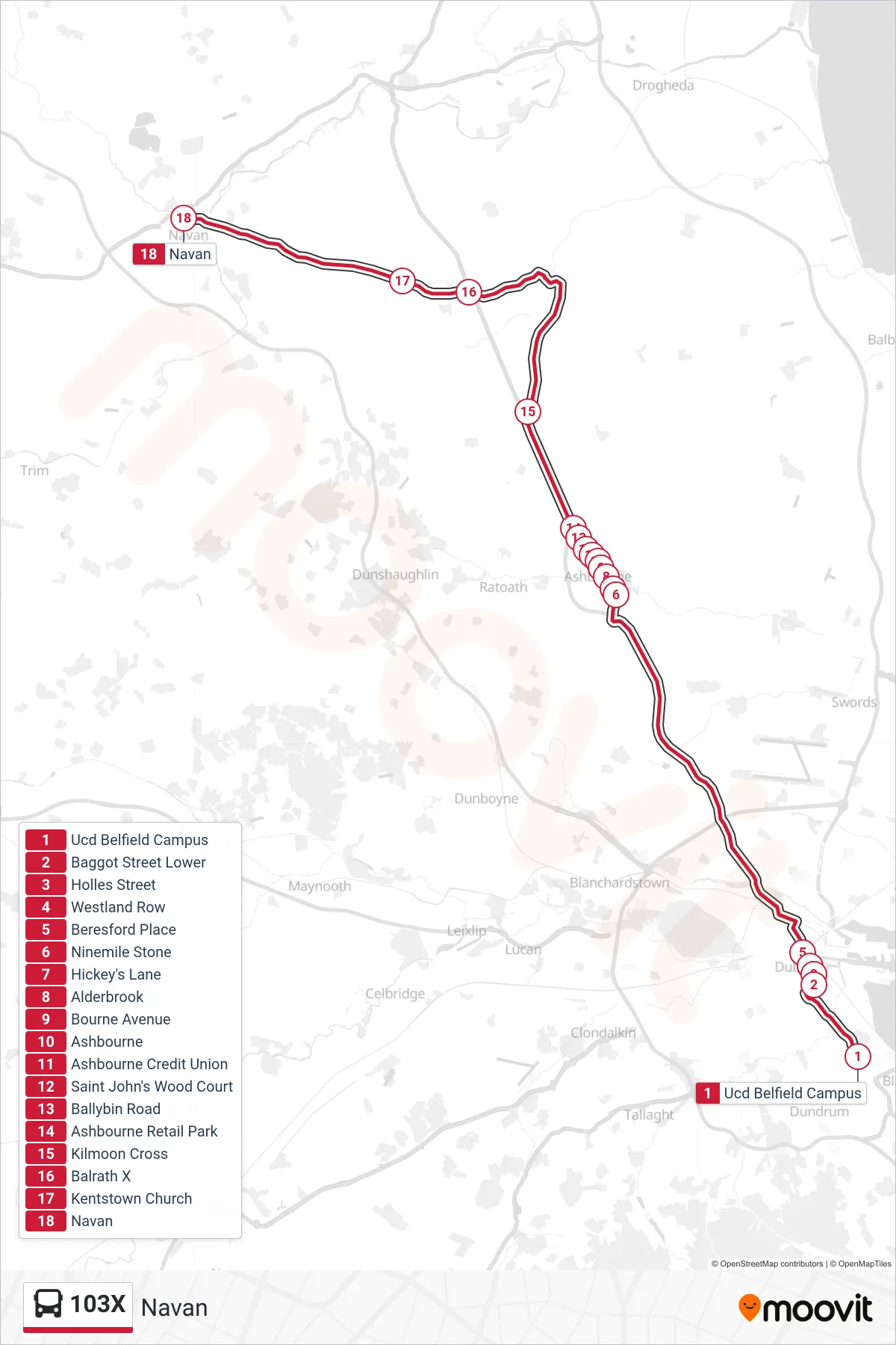 103X bus Line (Navan) route and stops on a map