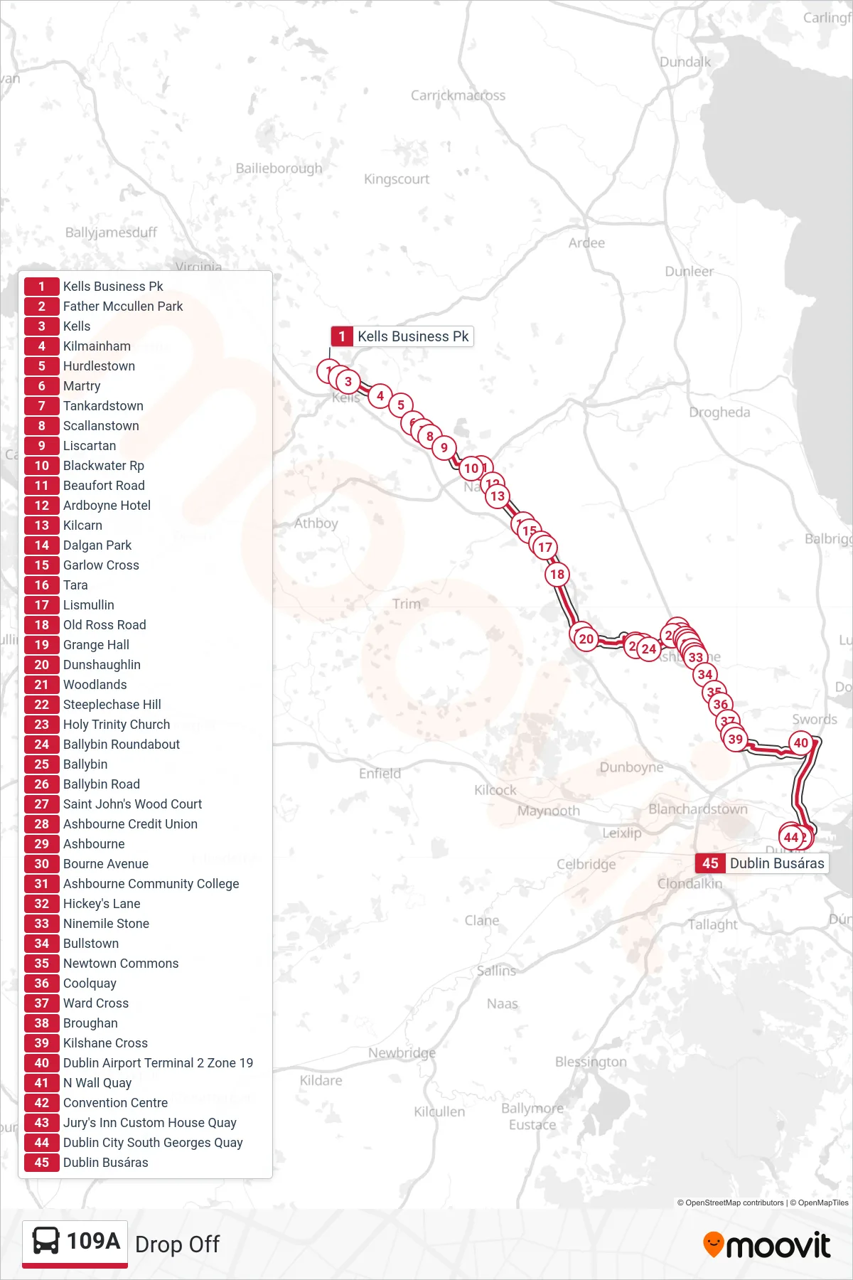109A bus Line (Drop Off) route and stops on a map