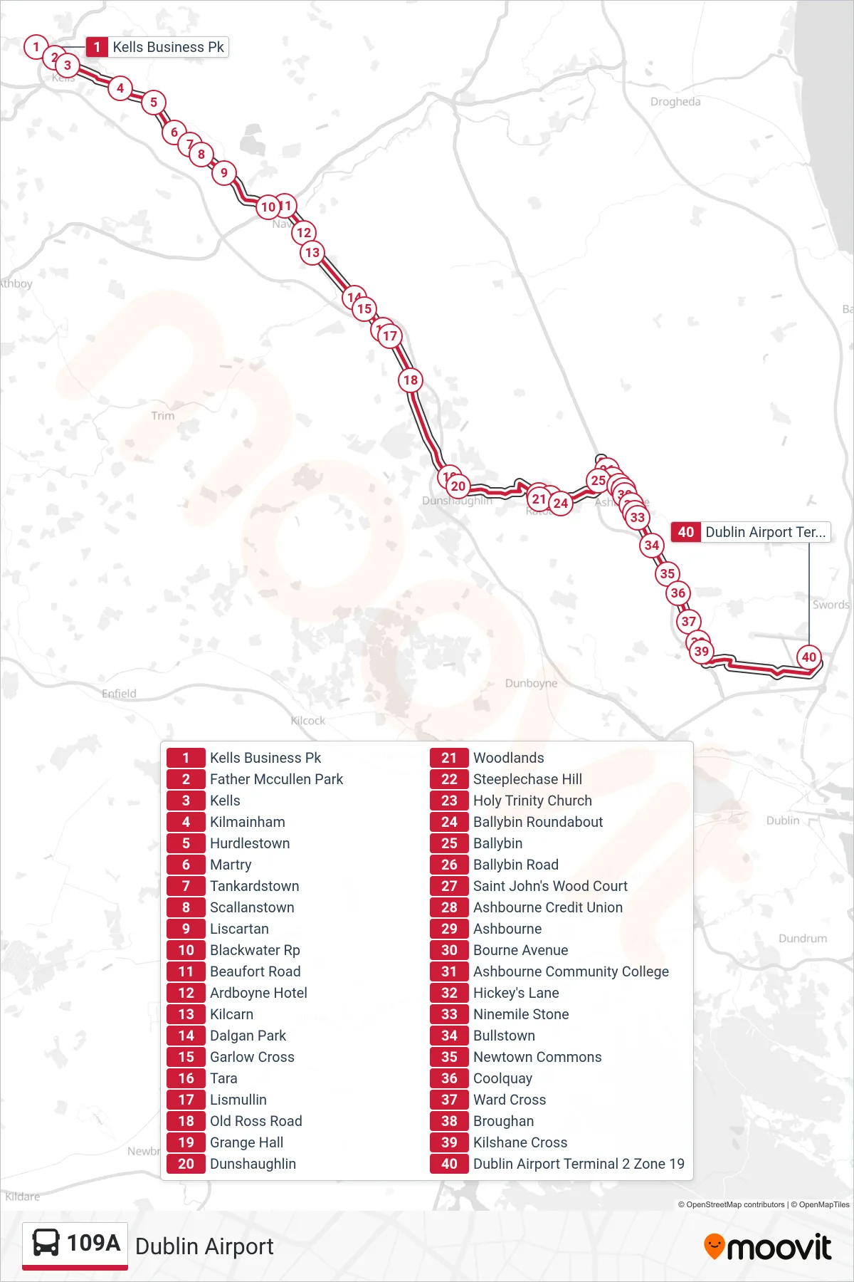 109A bus Line (Dublin Airport) route and stops on a map