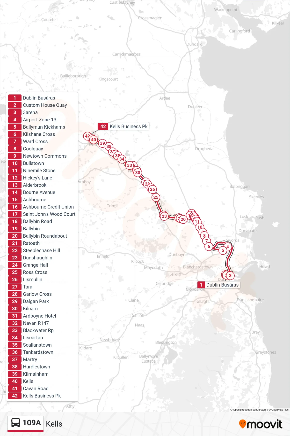 109A bus Line (Kells) route and stops on a map