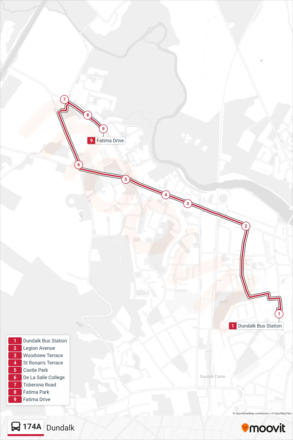 174A bus Line (Dundalk) route and stops on a map