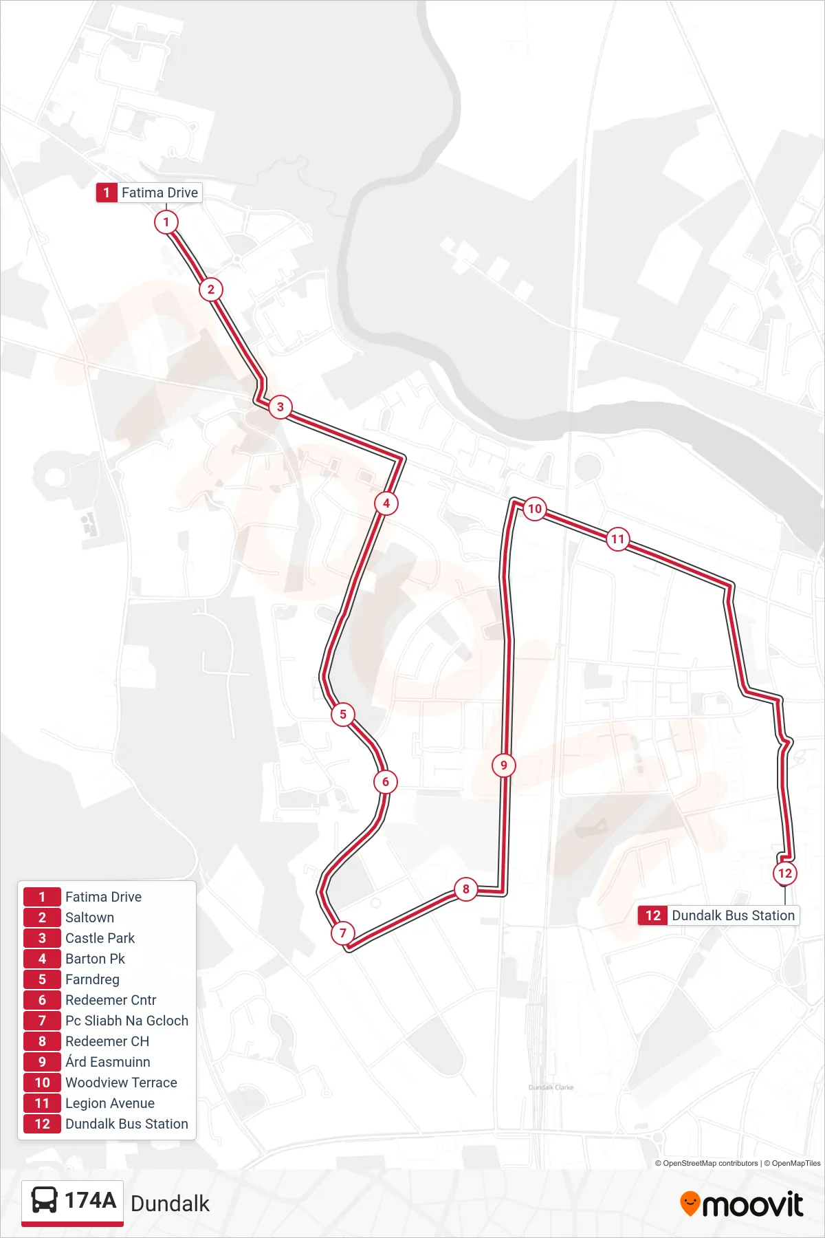174A bus Line (Dundalk) route and stops on a map