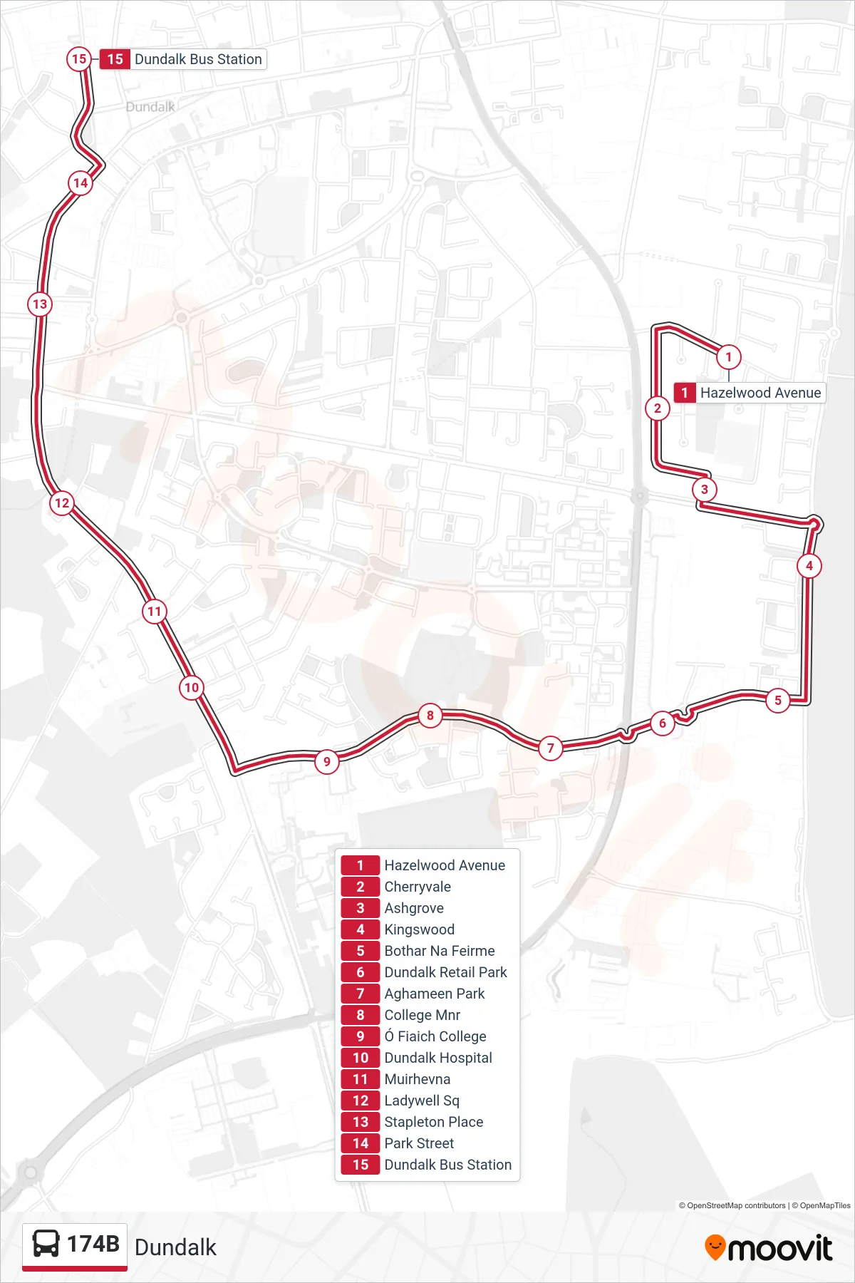 174B bus Line (Dundalk) route and stops on a map