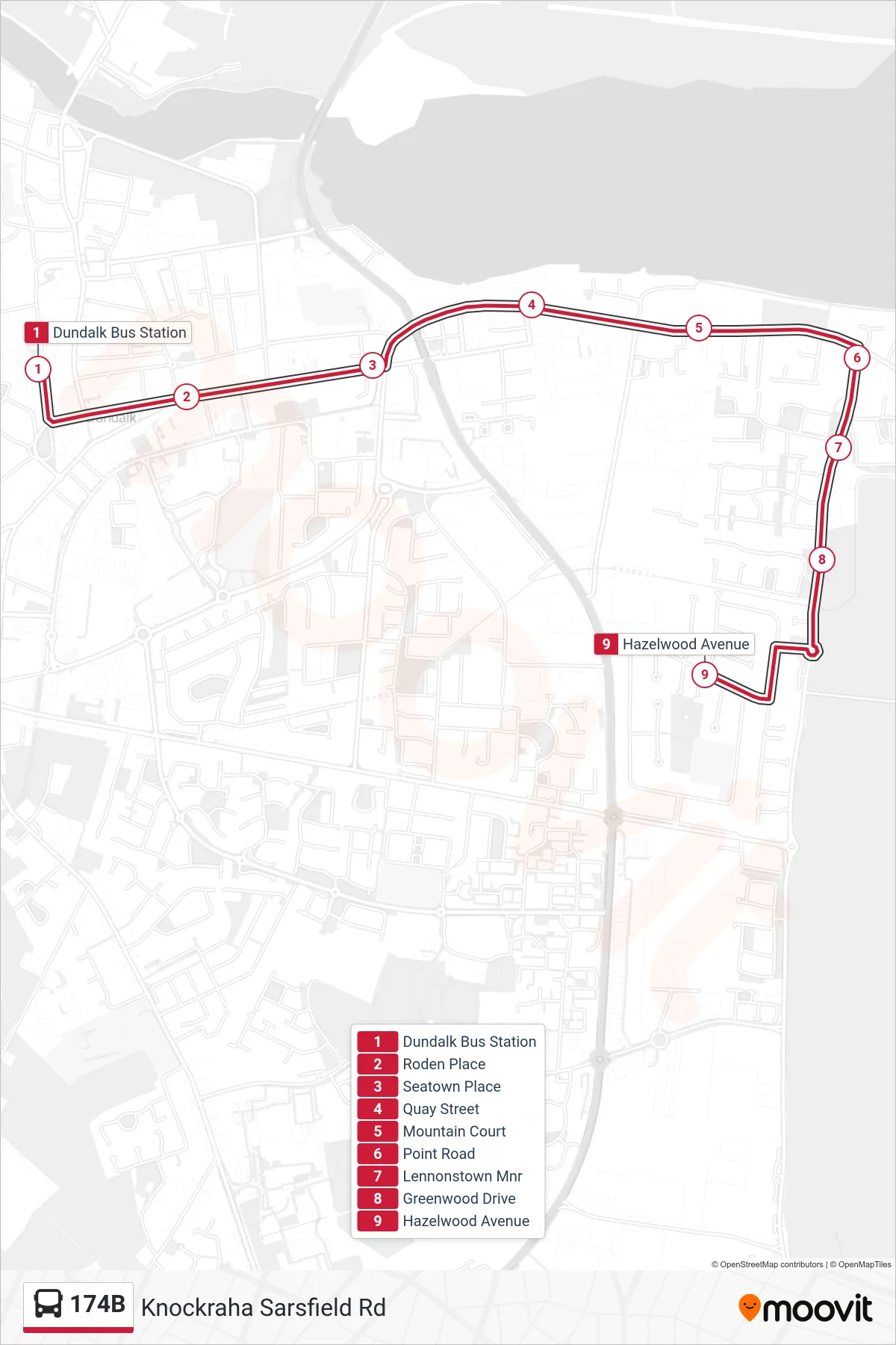 174B bus Line (Knockraha Sarsfield Rd) route and stops on a map