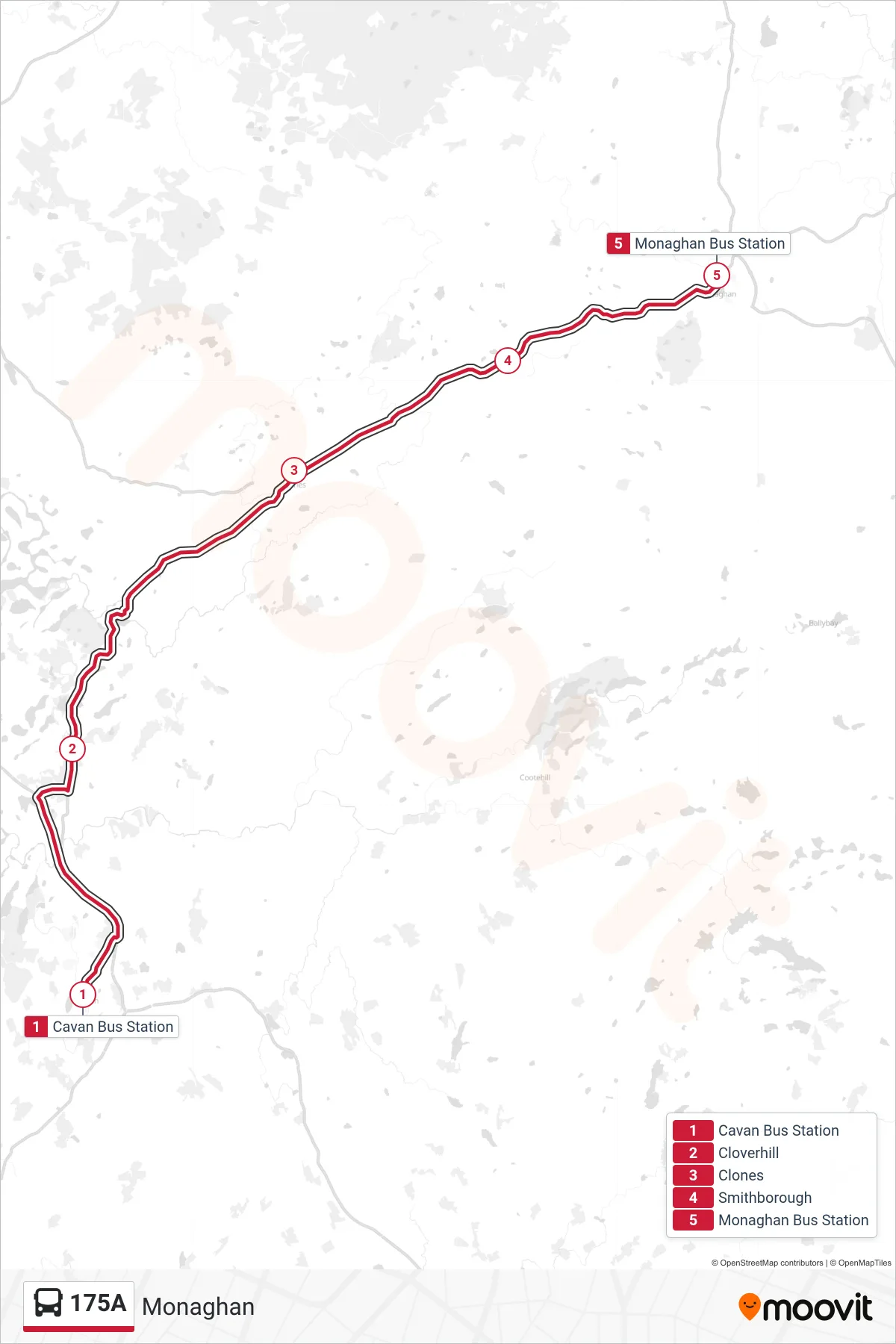 175A bus Line (Monaghan) route and stops on a map