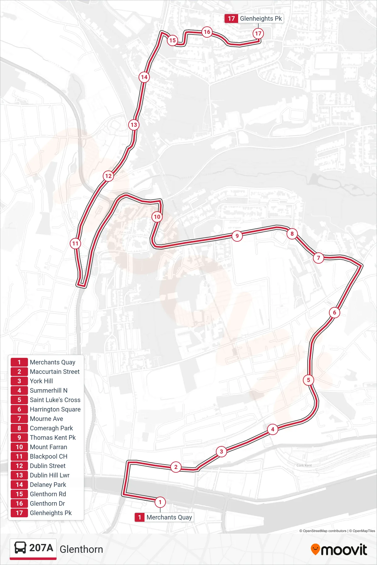 207A bus Line (Glenthorn) route and stops on a map