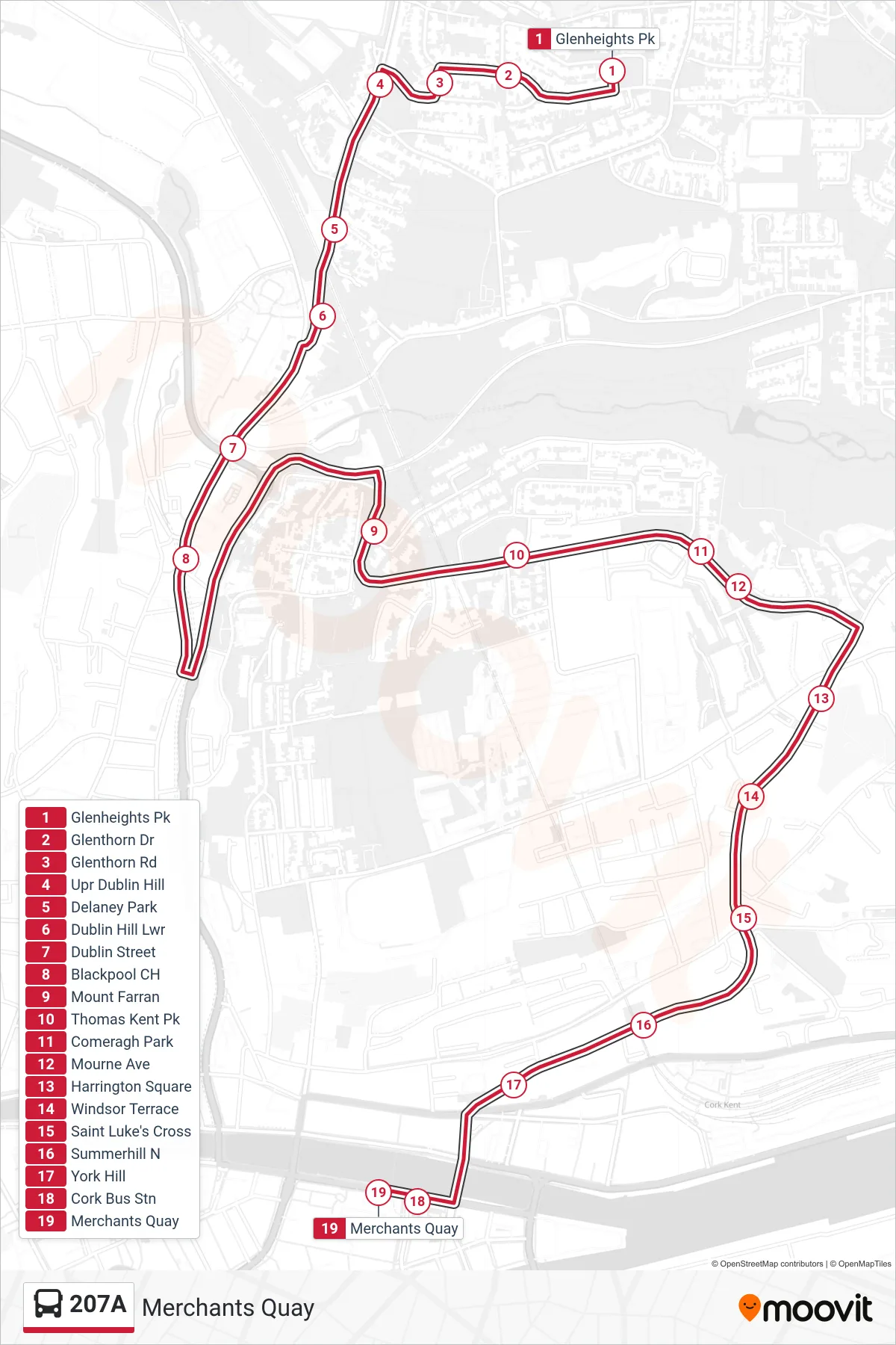 207A bus Line (Merchants Quay) route and stops on a map