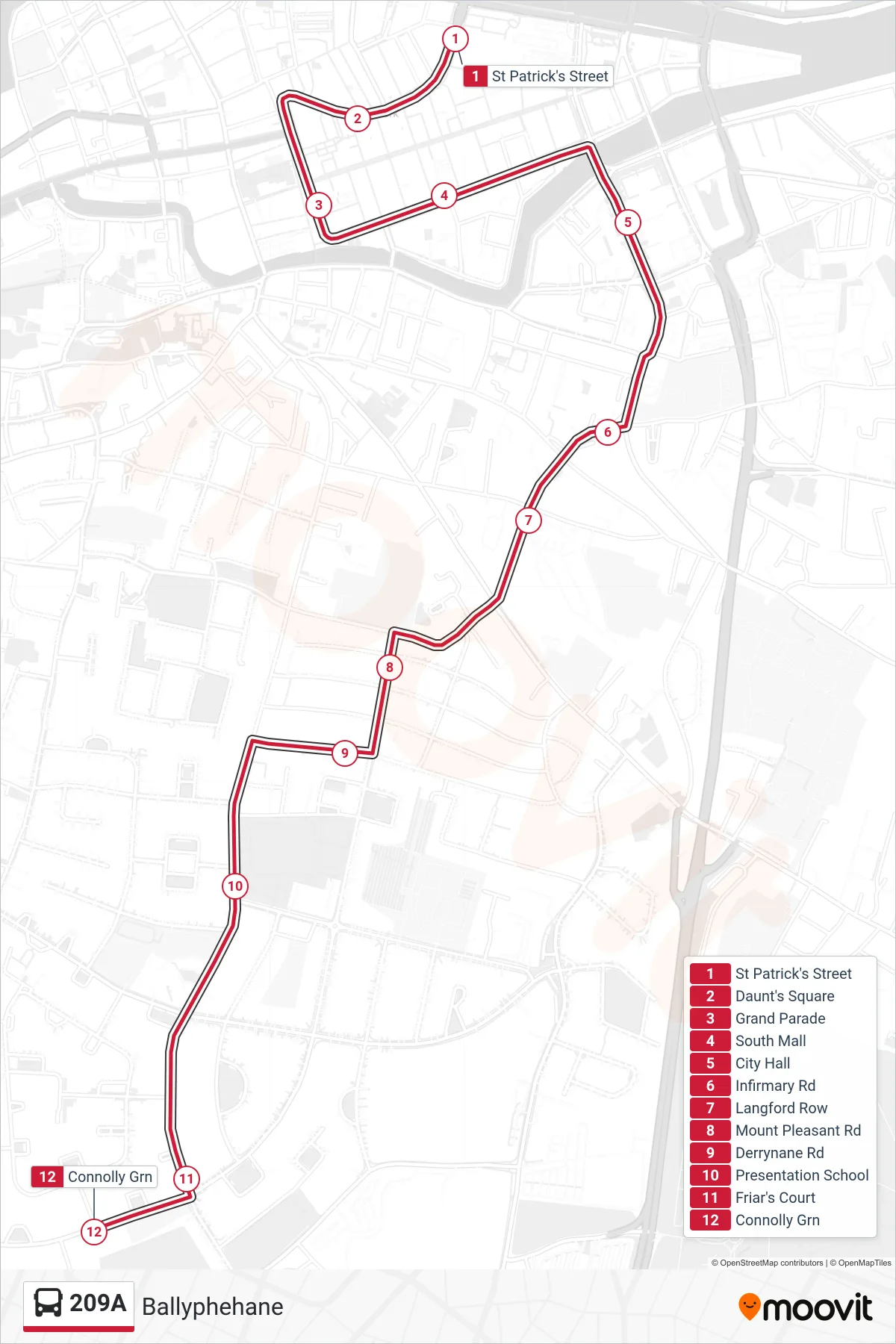 209A bus Line (Ballyphehane) route and stops on a map