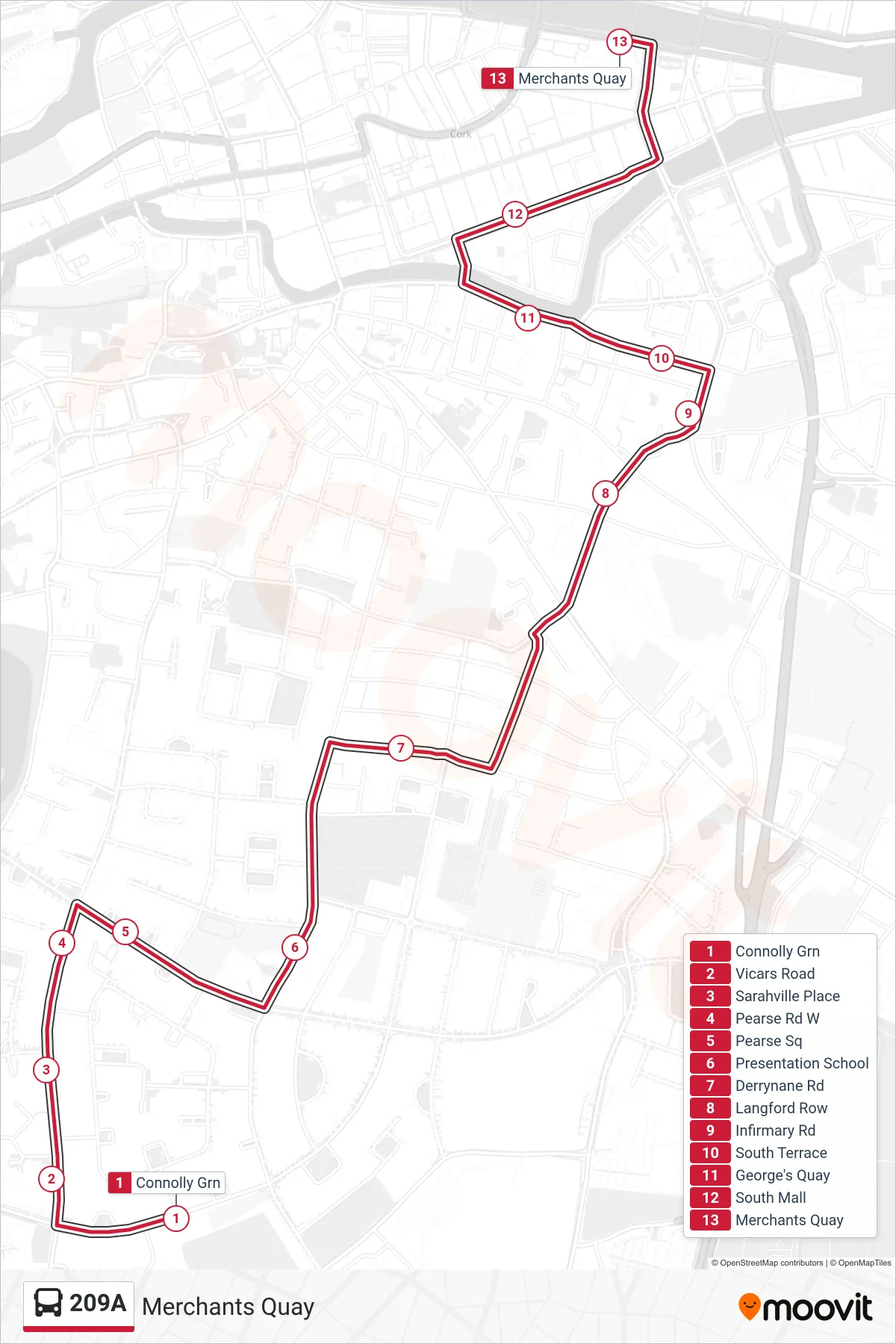 209A bus Line (Merchants Quay) route and stops on a map