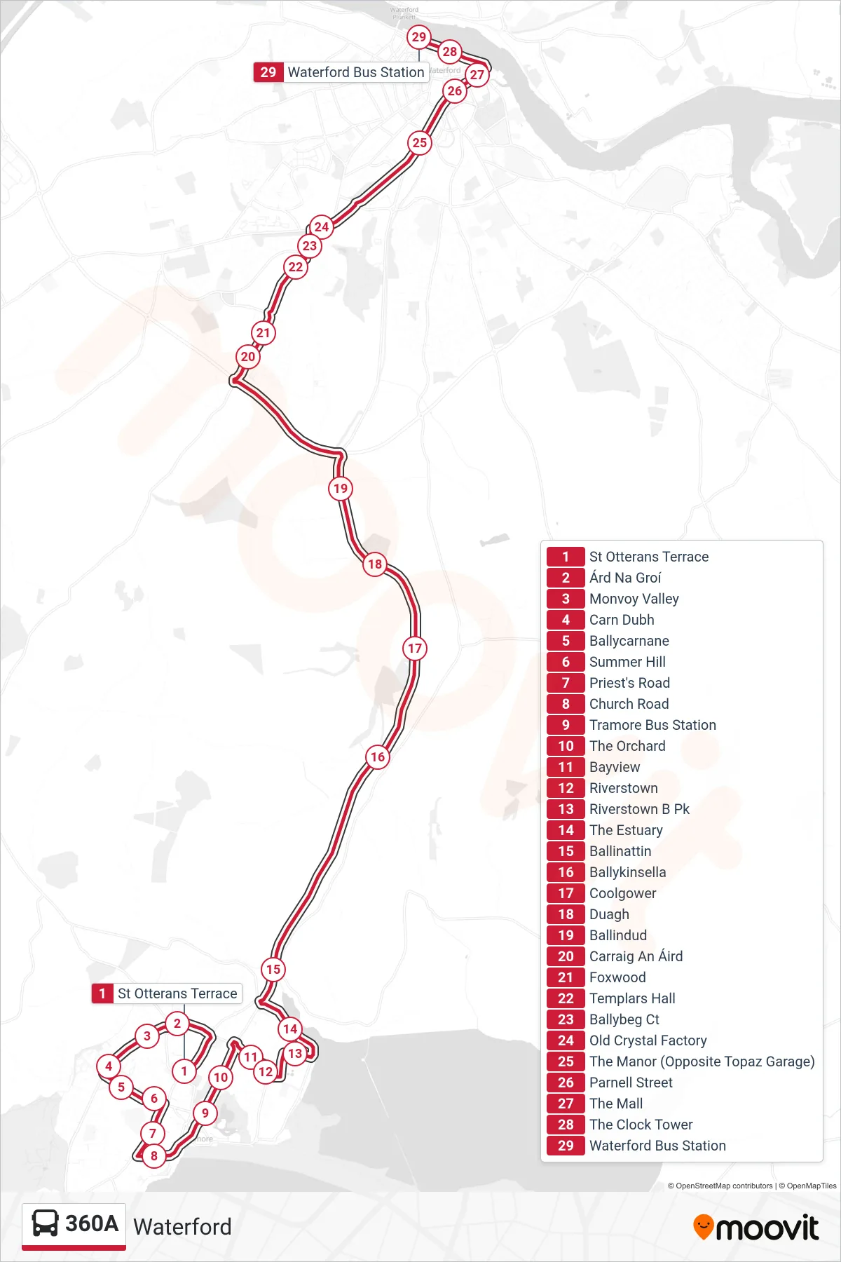 360A bus Line (Waterford) route and stops on a map