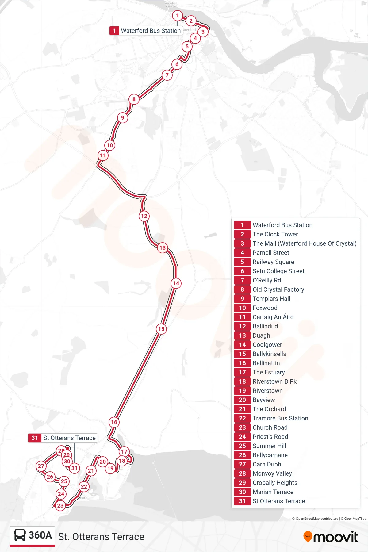 360A bus Line (St. Otterans Terrace) route and stops on a map