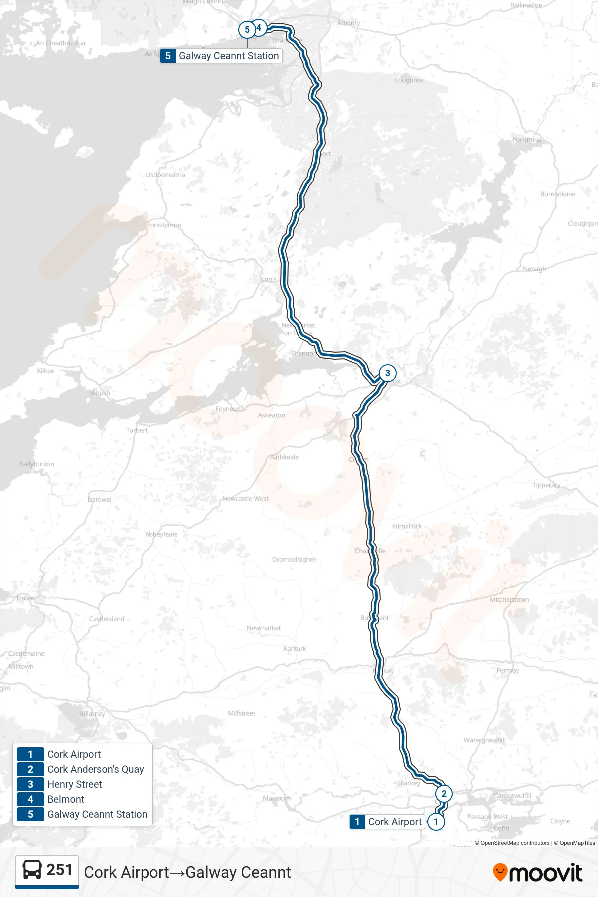251 bus Line (Cork Airport→Galway Ceannt) route and stops on a map