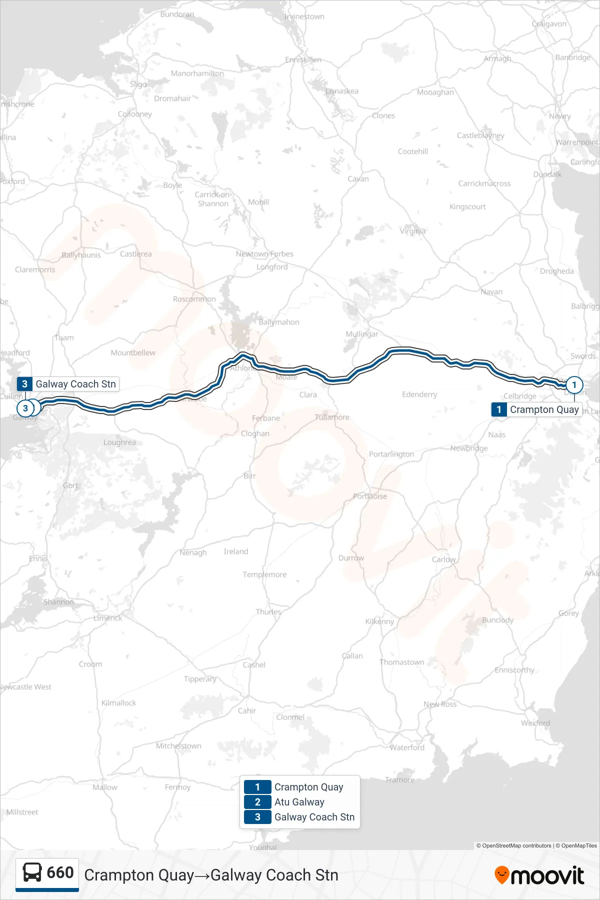 660 bus Line (Crampton Quay→Galway Coach Stn) route and stops on a map