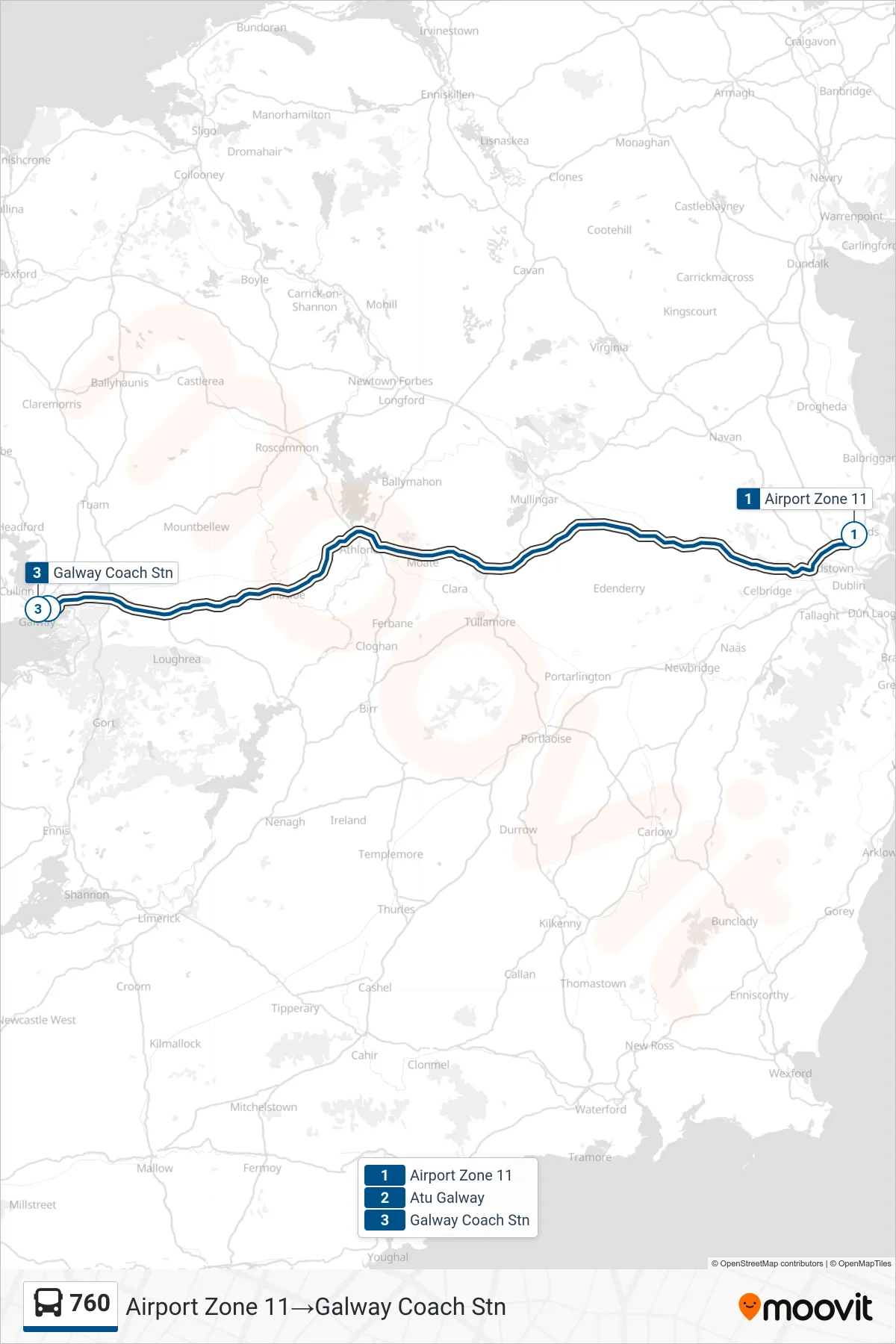 760 bus Line (Airport Zone 11→Galway Coach Stn) route and stops on a map