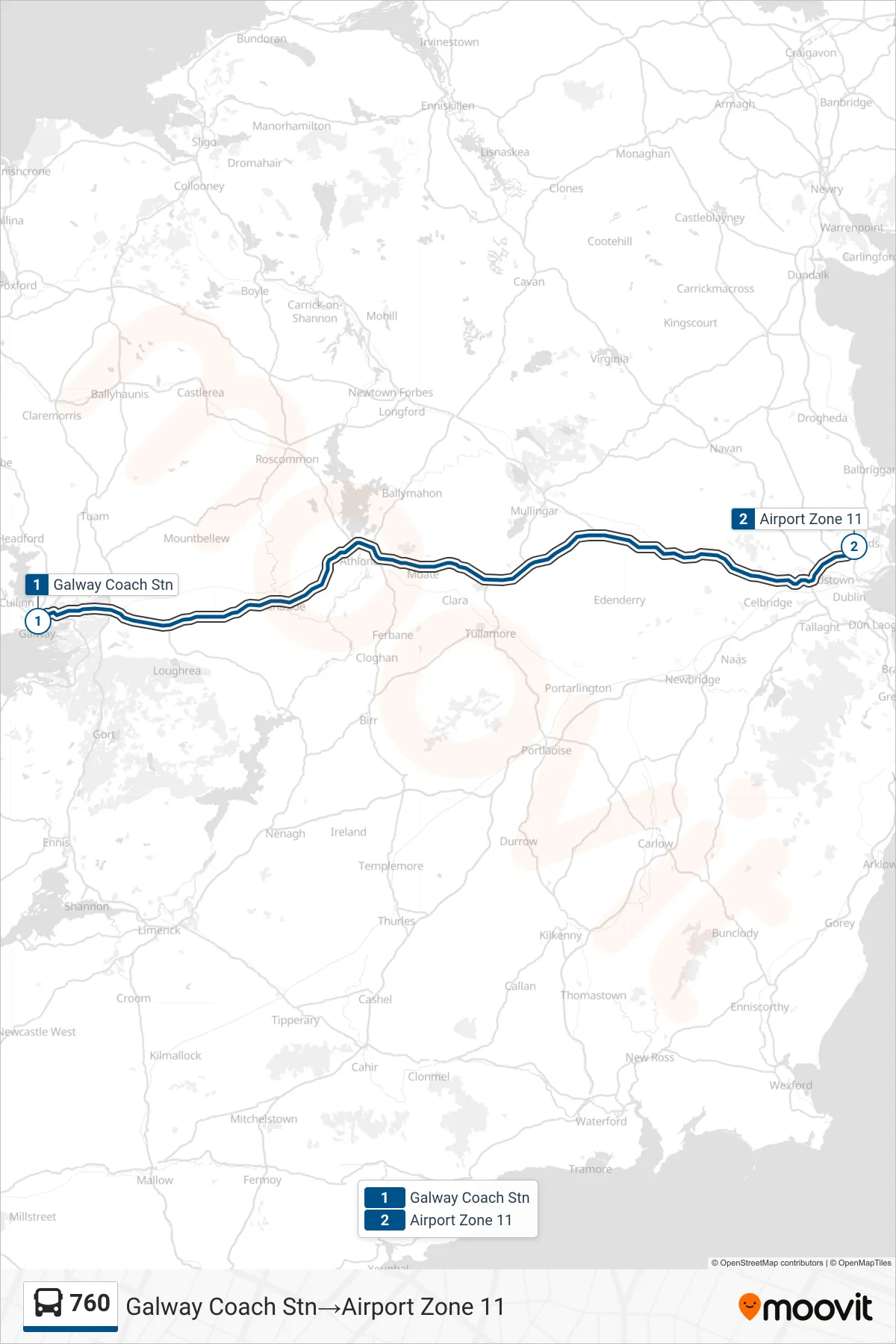 760 bus Line (Galway Coach Stn→Airport Zone 11) route and stops on a map