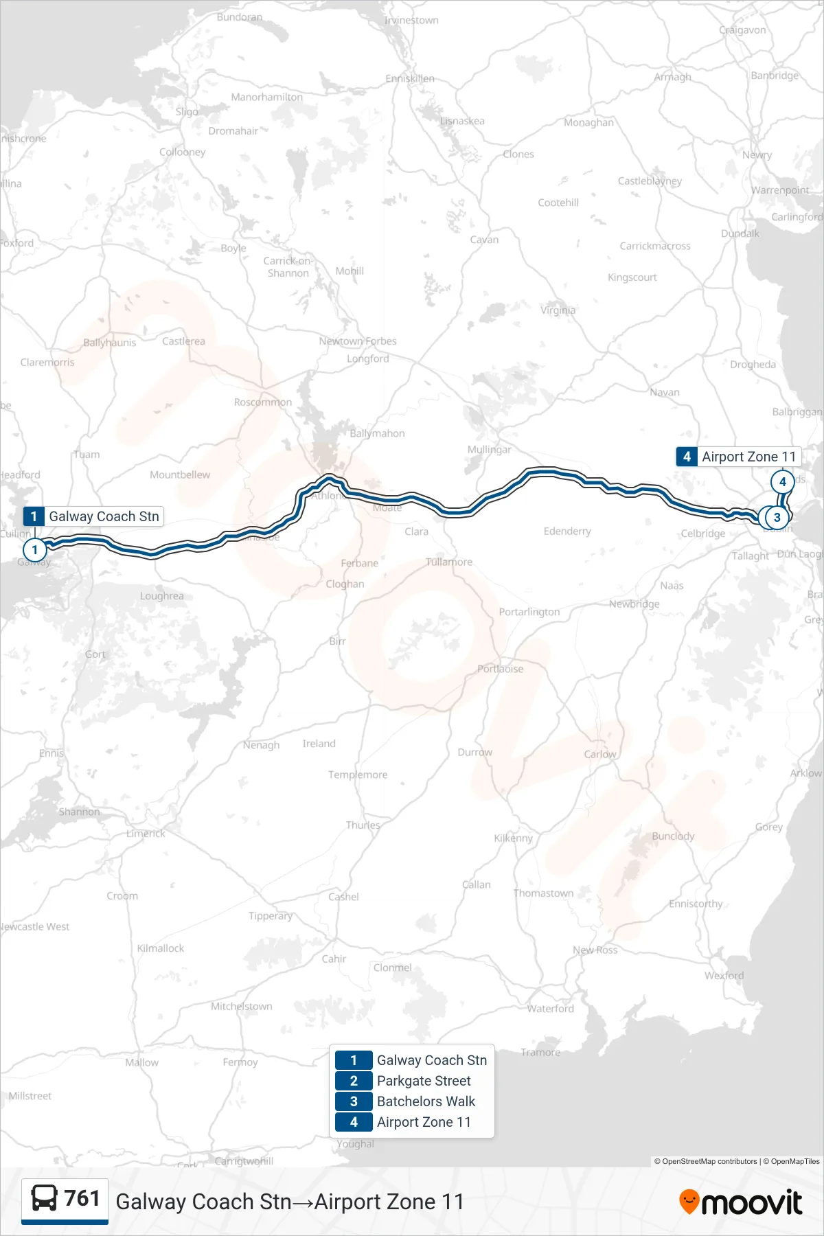 761 bus Line (Galway Coach Stn‎→Airport Zone 11) route and stops on a map