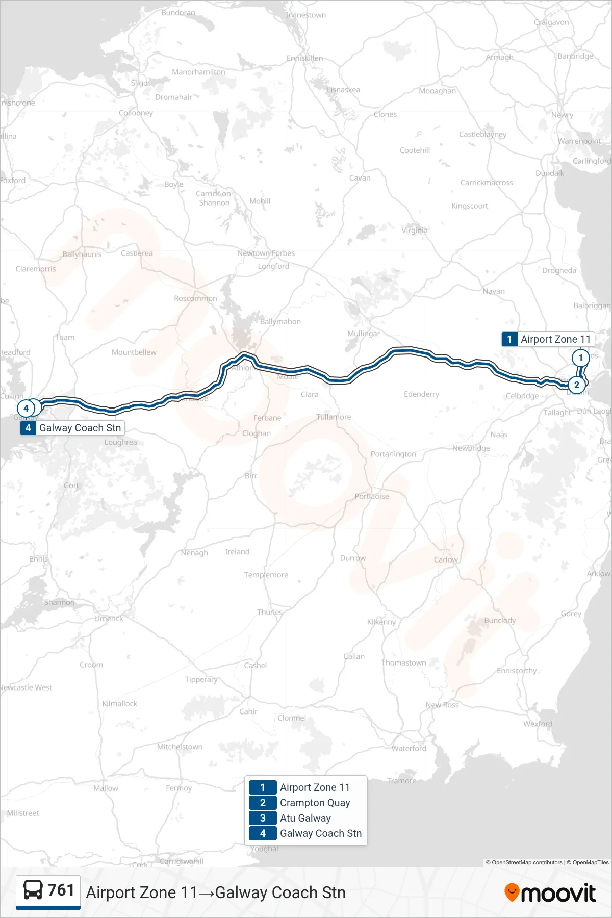 761 bus Line (Airport Zone 11→Galway Coach Stn) route and stops on a map