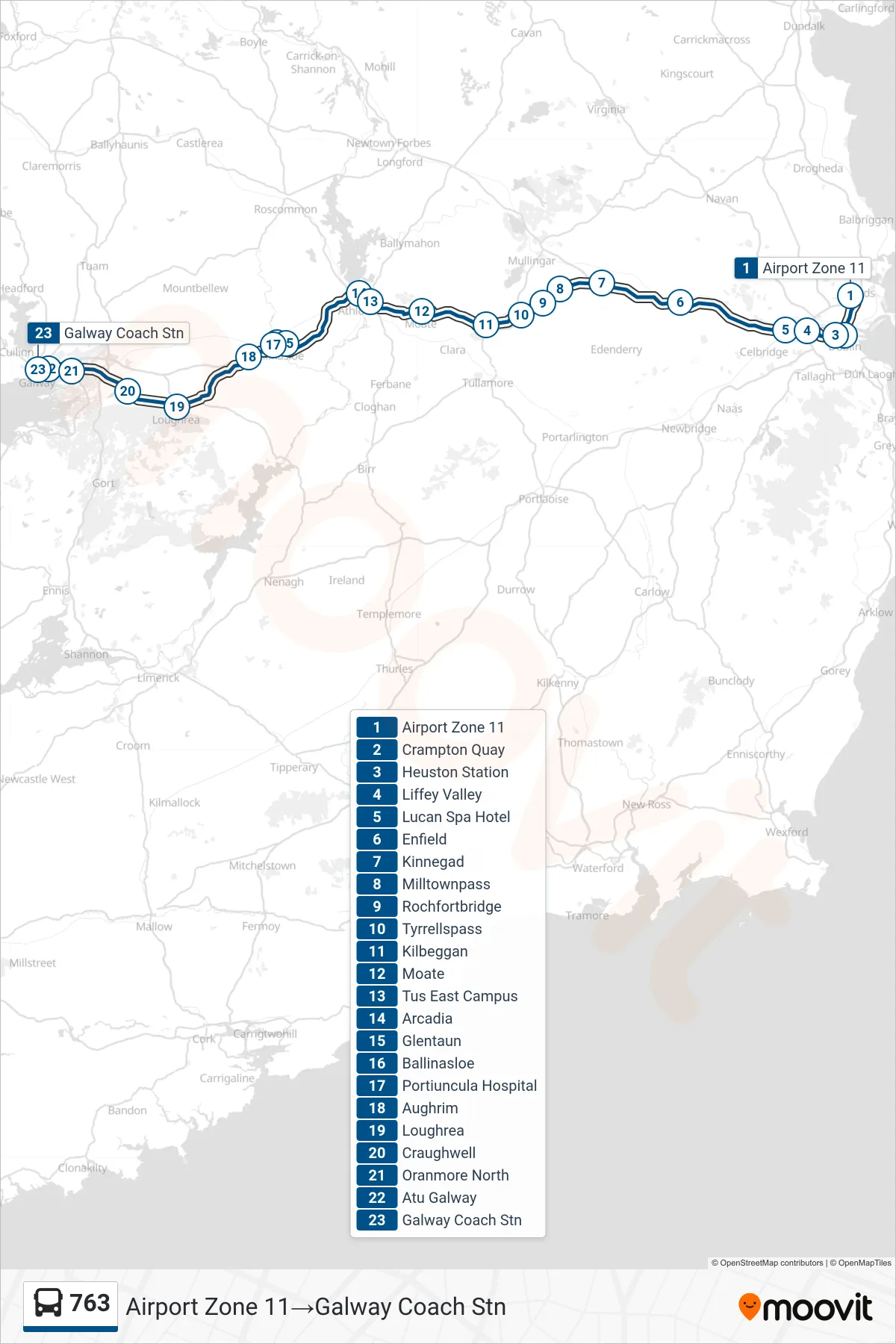 763 bus Line (Airport Zone 11→Galway Coach Stn) route and stops on a map