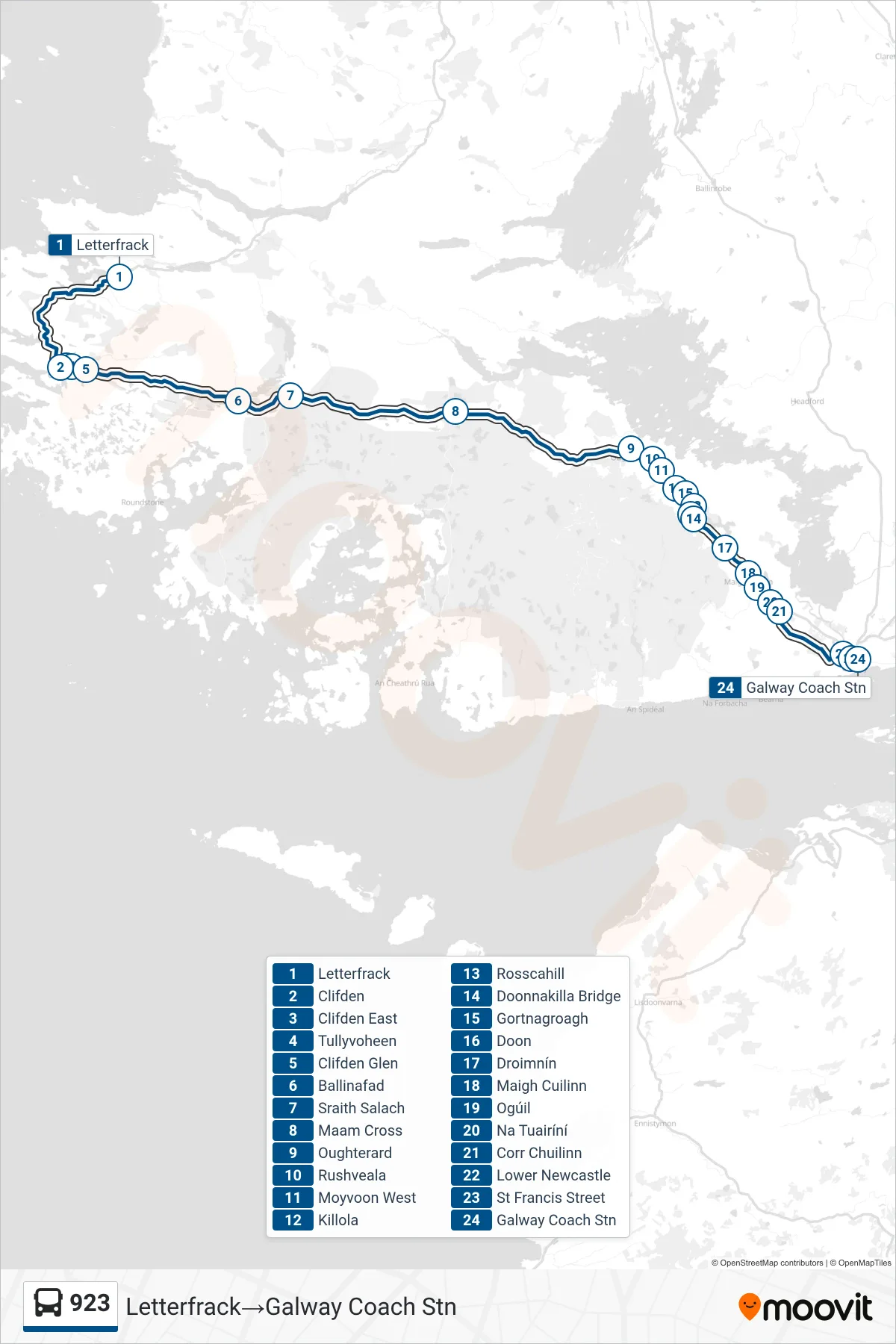 923 bus Line (Letterfrack→Galway Coach Stn) route and stops on a map