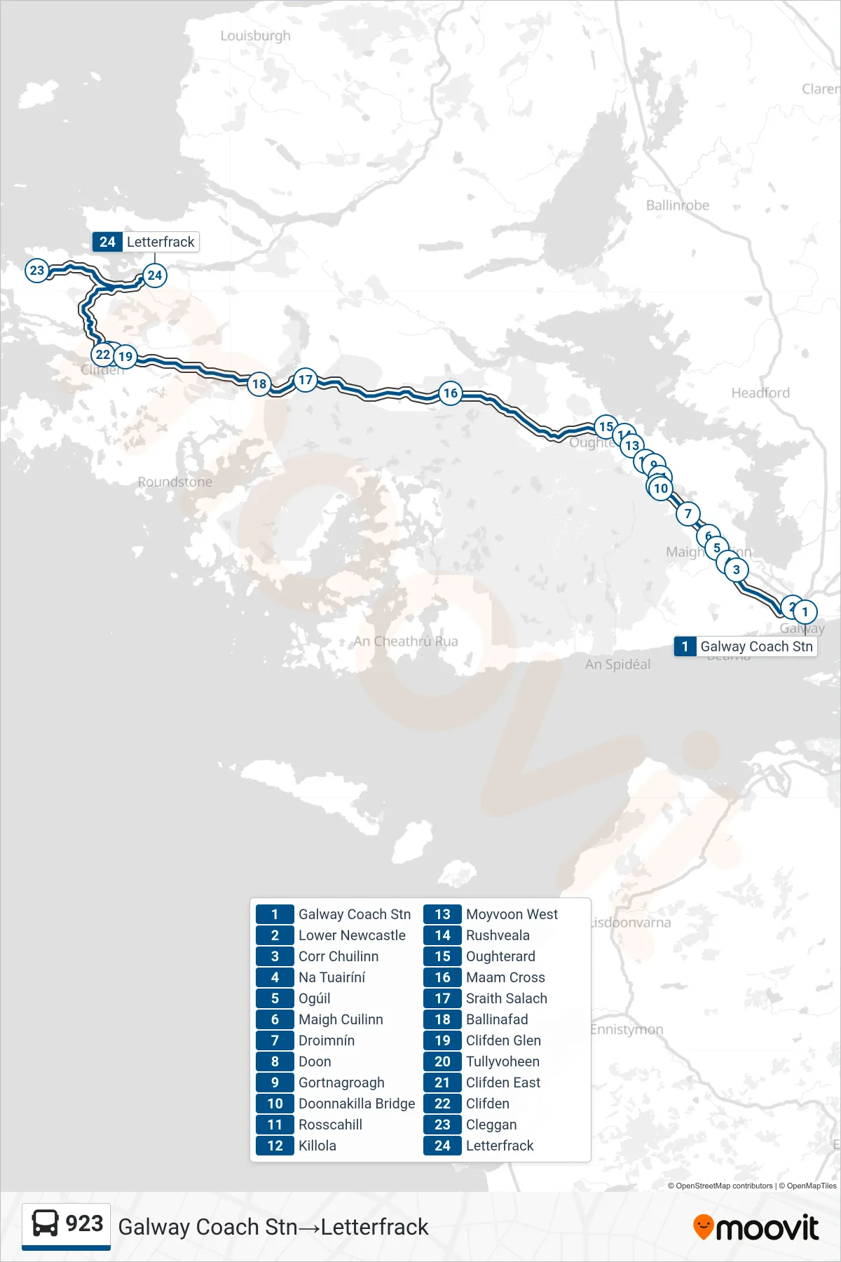 923 bus Line (Galway Coach Stn‎→Letterfrack) route and stops on a map