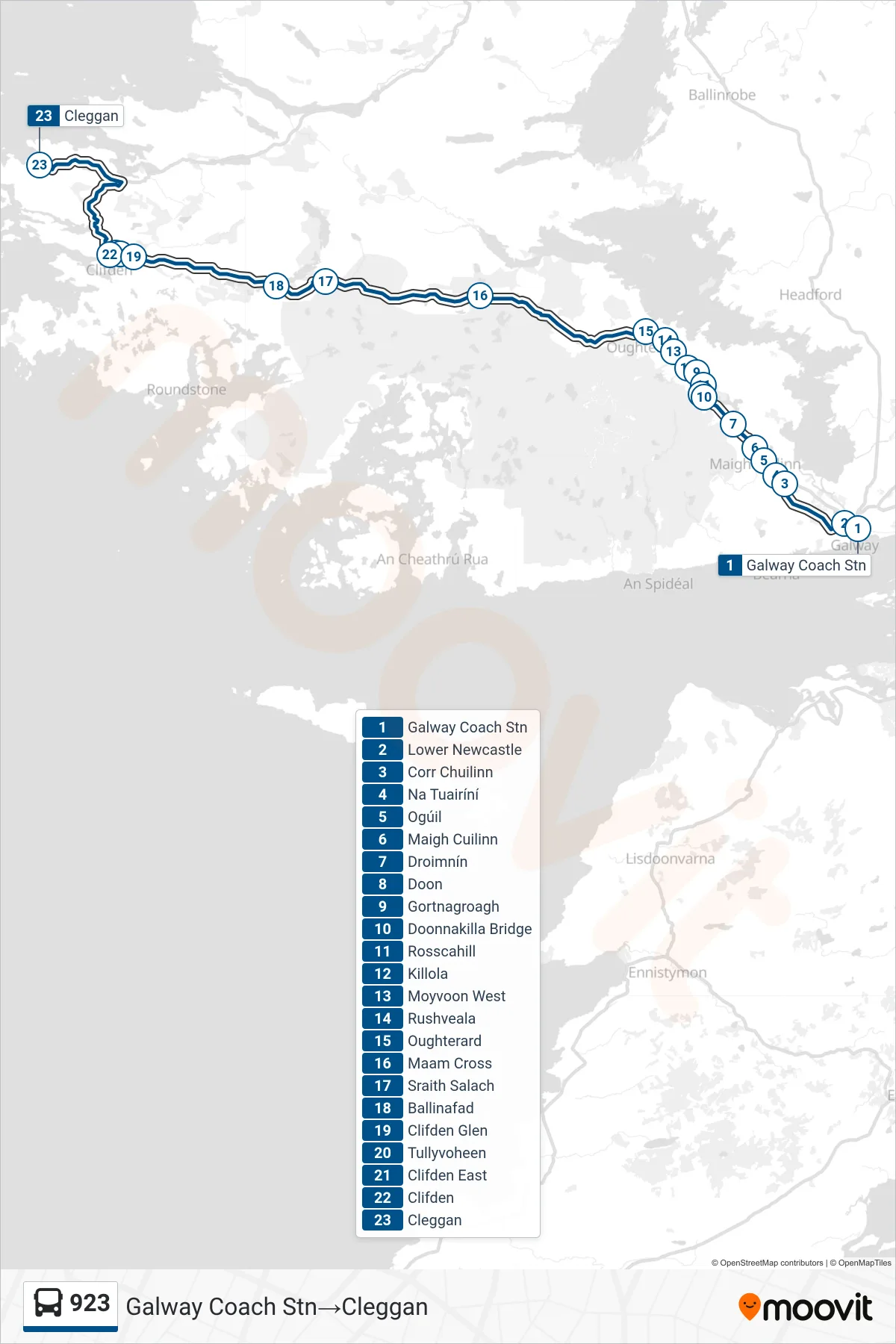 923 bus Line (Galway Coach Stn‎→Cleggan) route and stops on a map