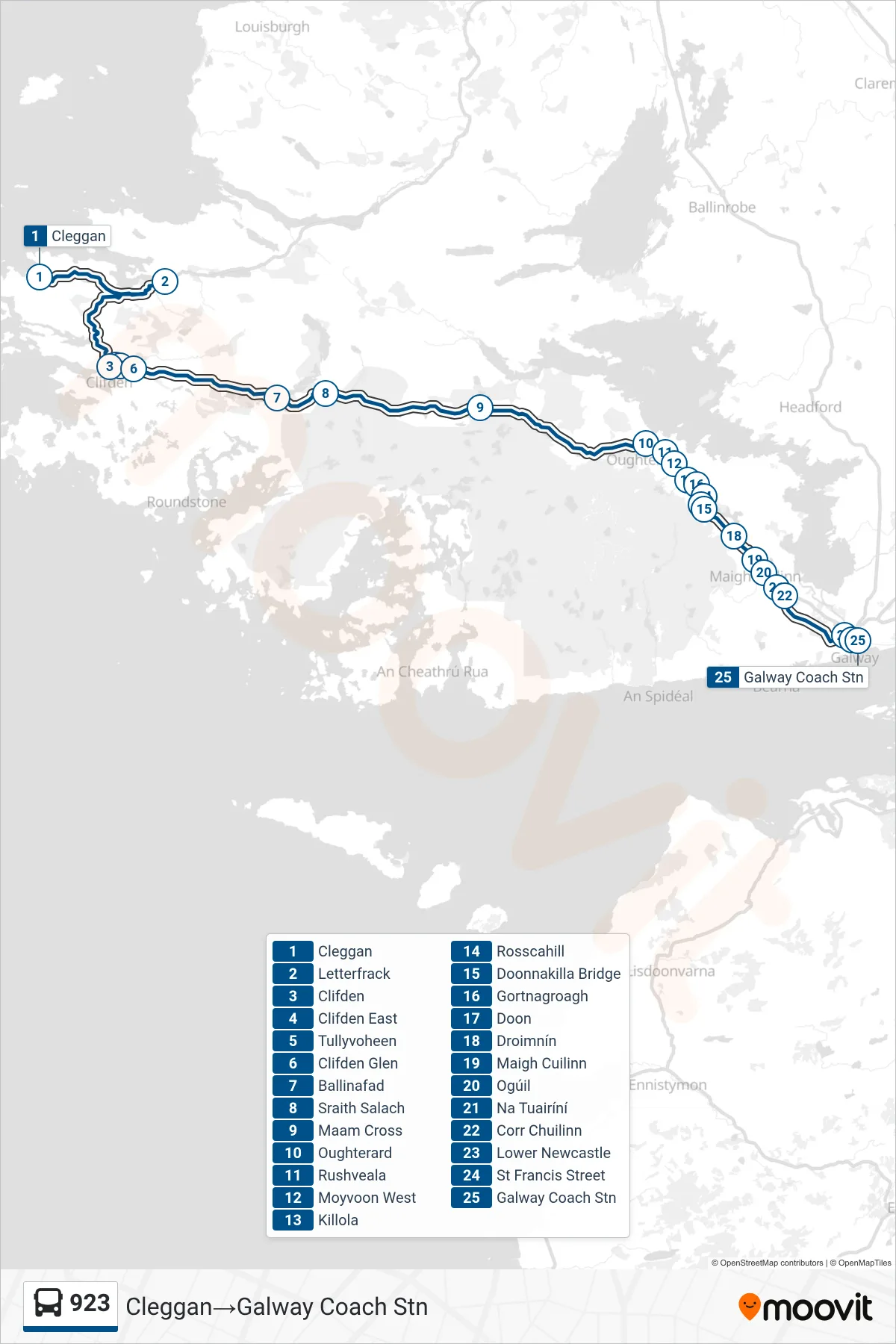 923 bus Line (Cleggan→Galway Coach Stn) route and stops on a map