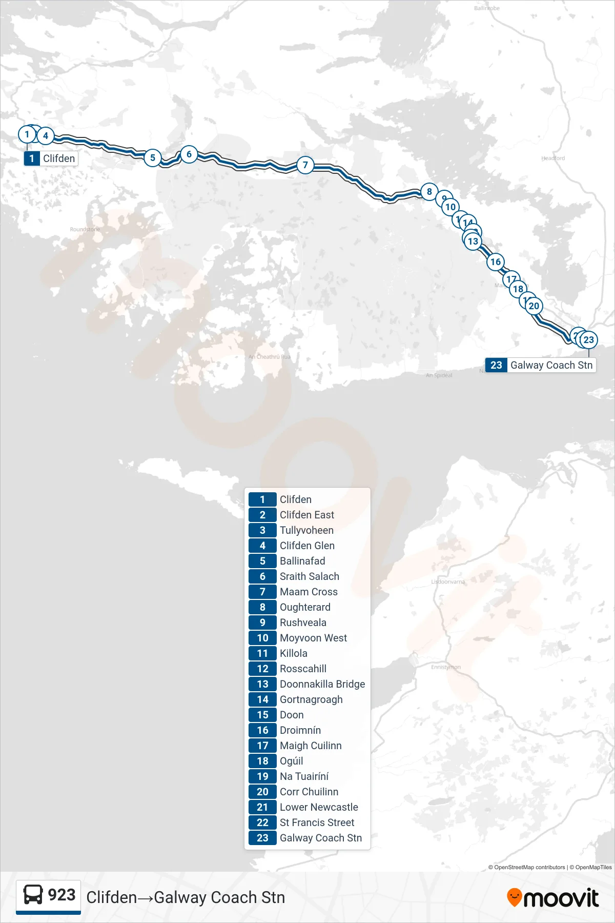 923 bus Line (Clifden→Galway Coach Stn) route and stops on a map