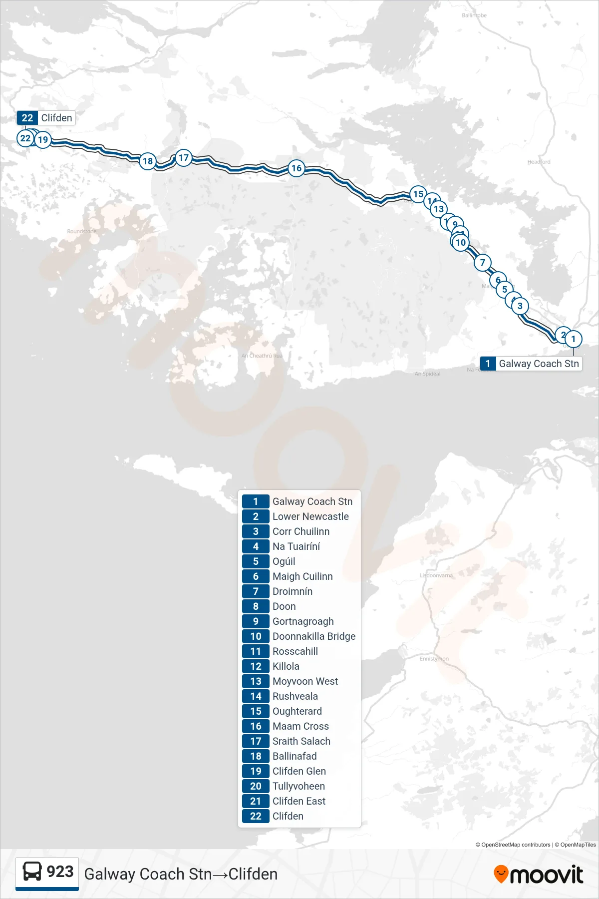 923 bus Line (Galway Coach Stn→Clifden) route and stops on a map