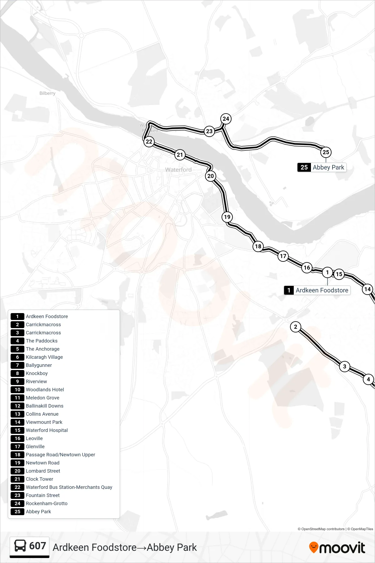 607 bus Line (Ardkeen Foodstore→Abbey Park) route and stops on a map