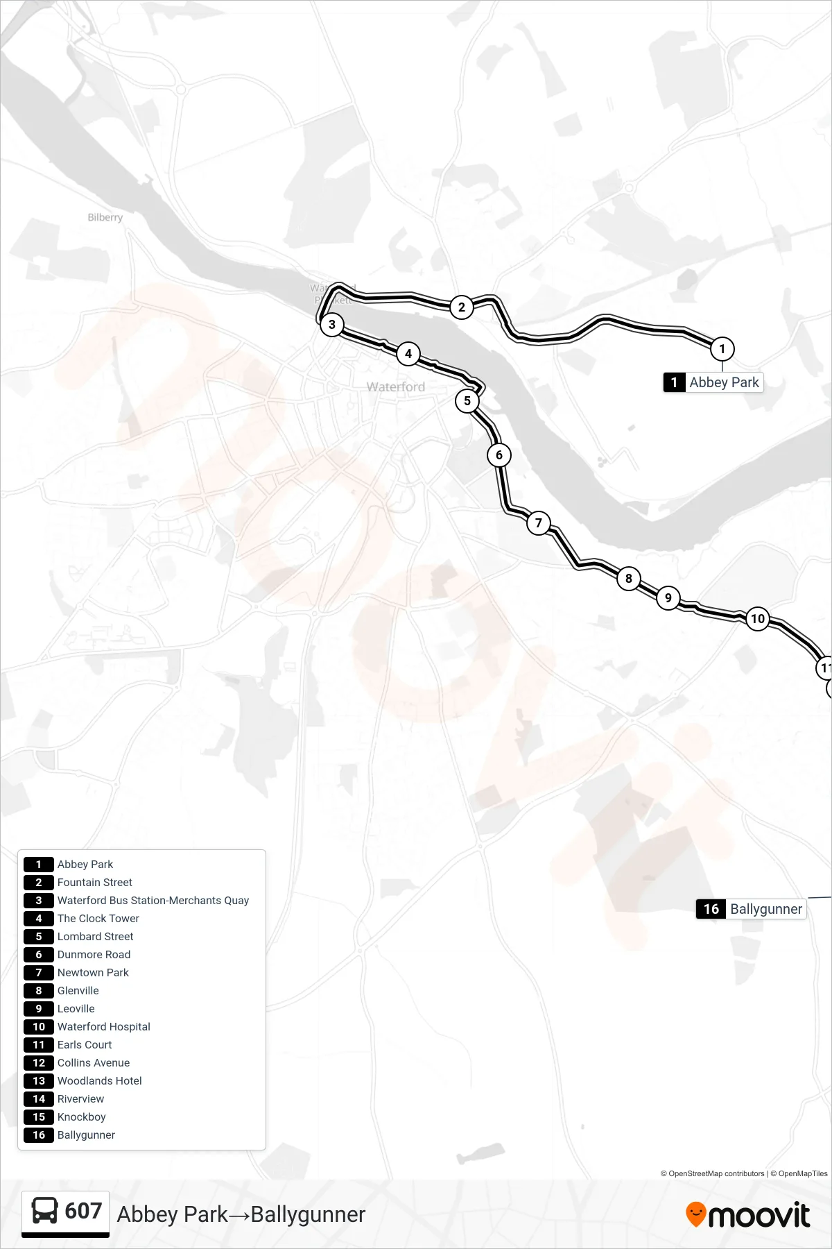 607 bus Line (Abbey Park→Ballygunner) route and stops on a map