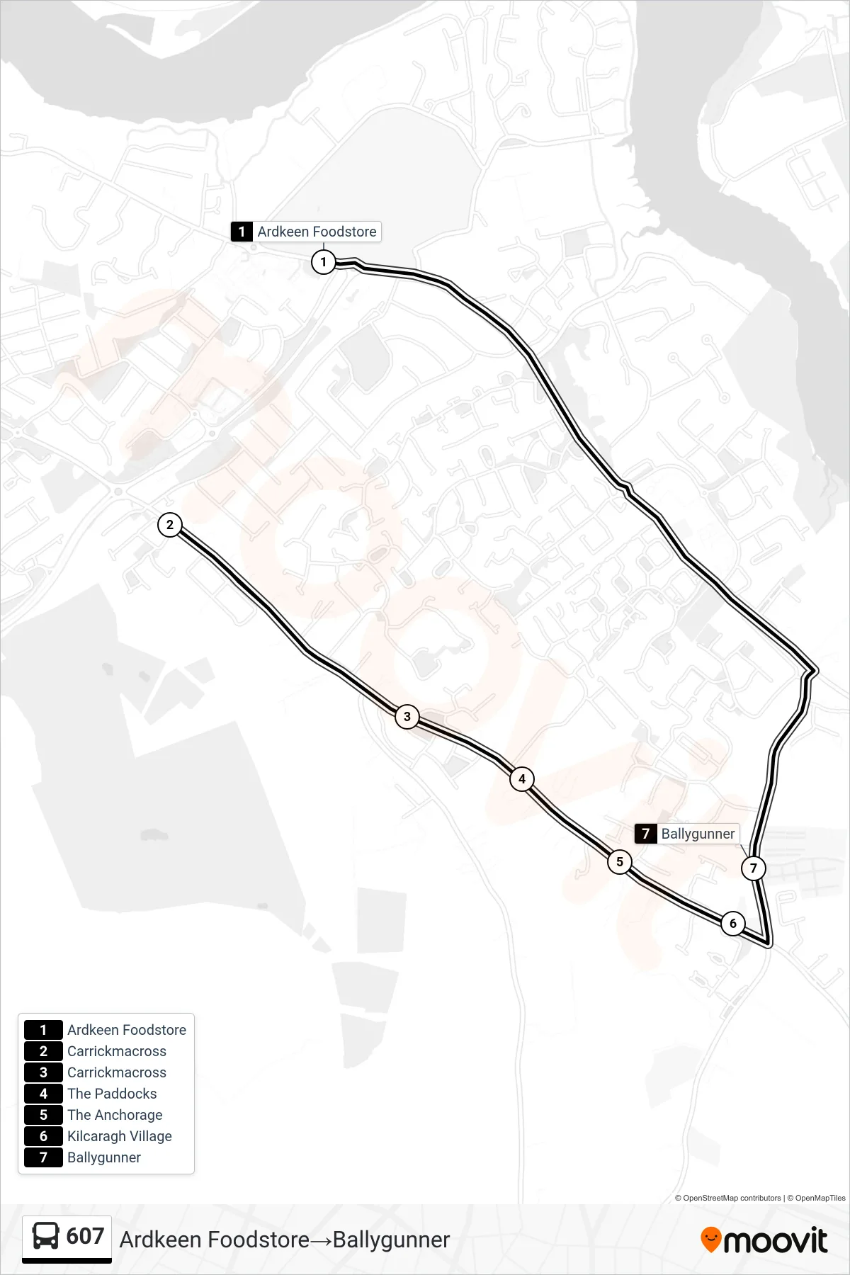 607 bus Line (Ardkeen Foodstore→Ballygunner) route and stops on a map