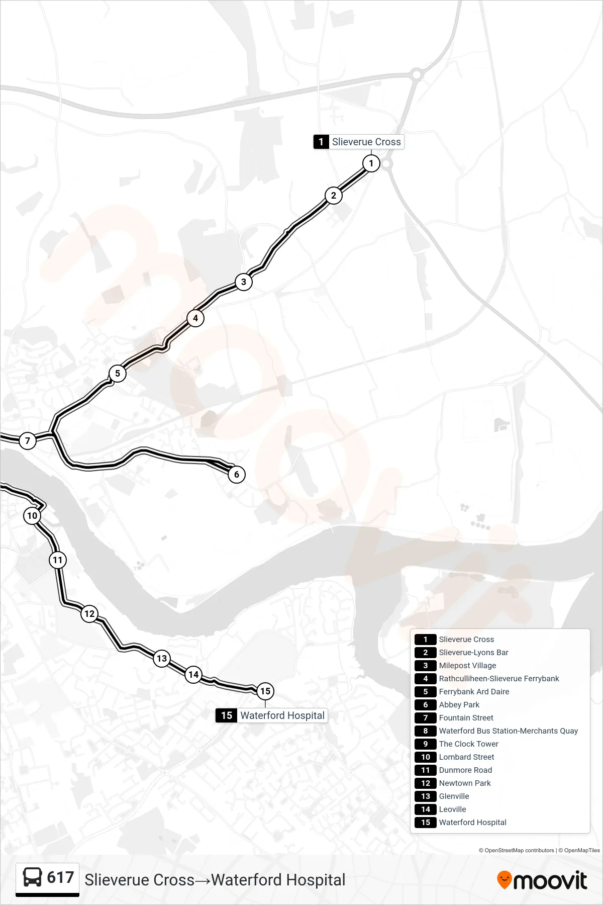 617 bus Line (Slieverue Cross→Waterford Hospital) route and stops on a map