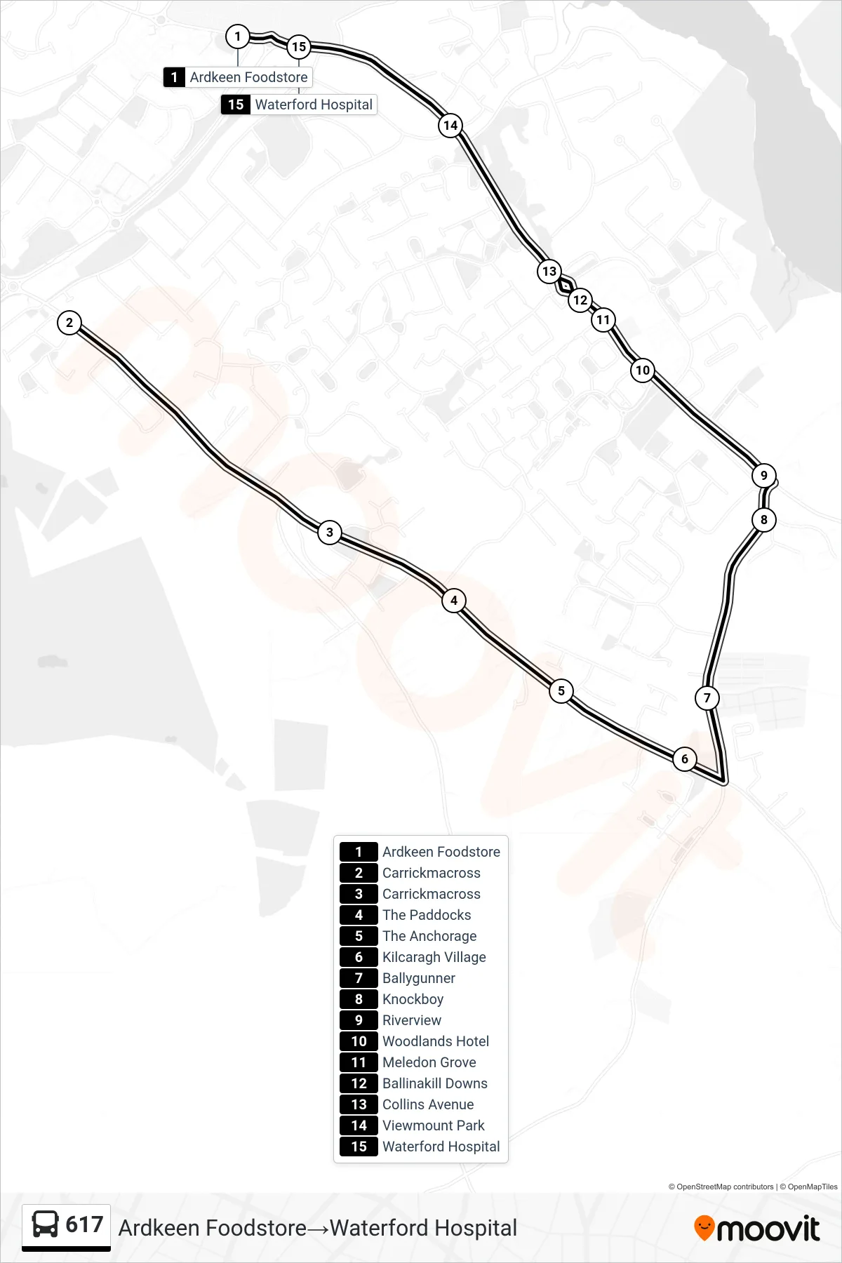 617 bus Line (Ardkeen Foodstore‎→Waterford Hospital) route and stops on a map
