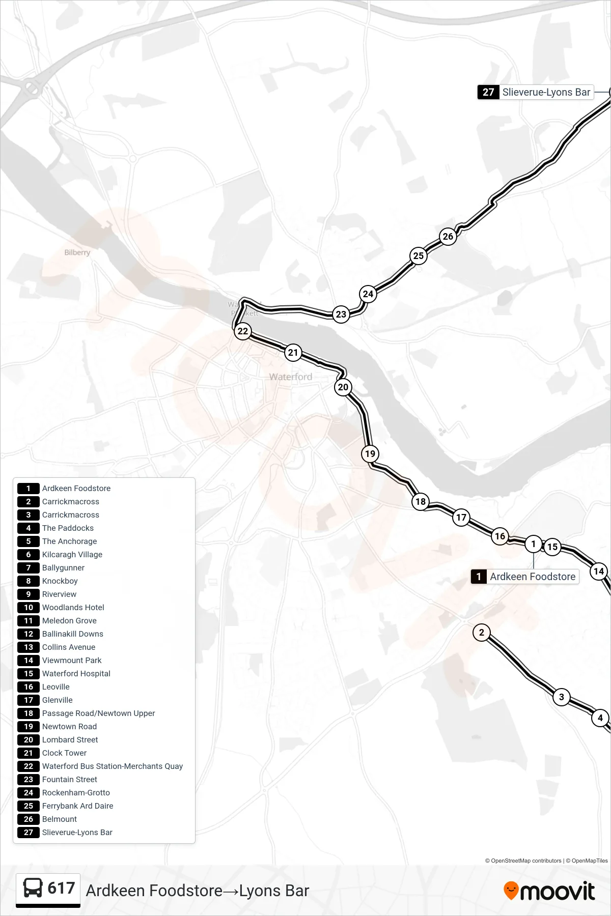 617 bus Line (Ardkeen Foodstore→Lyons Bar) route and stops on a map